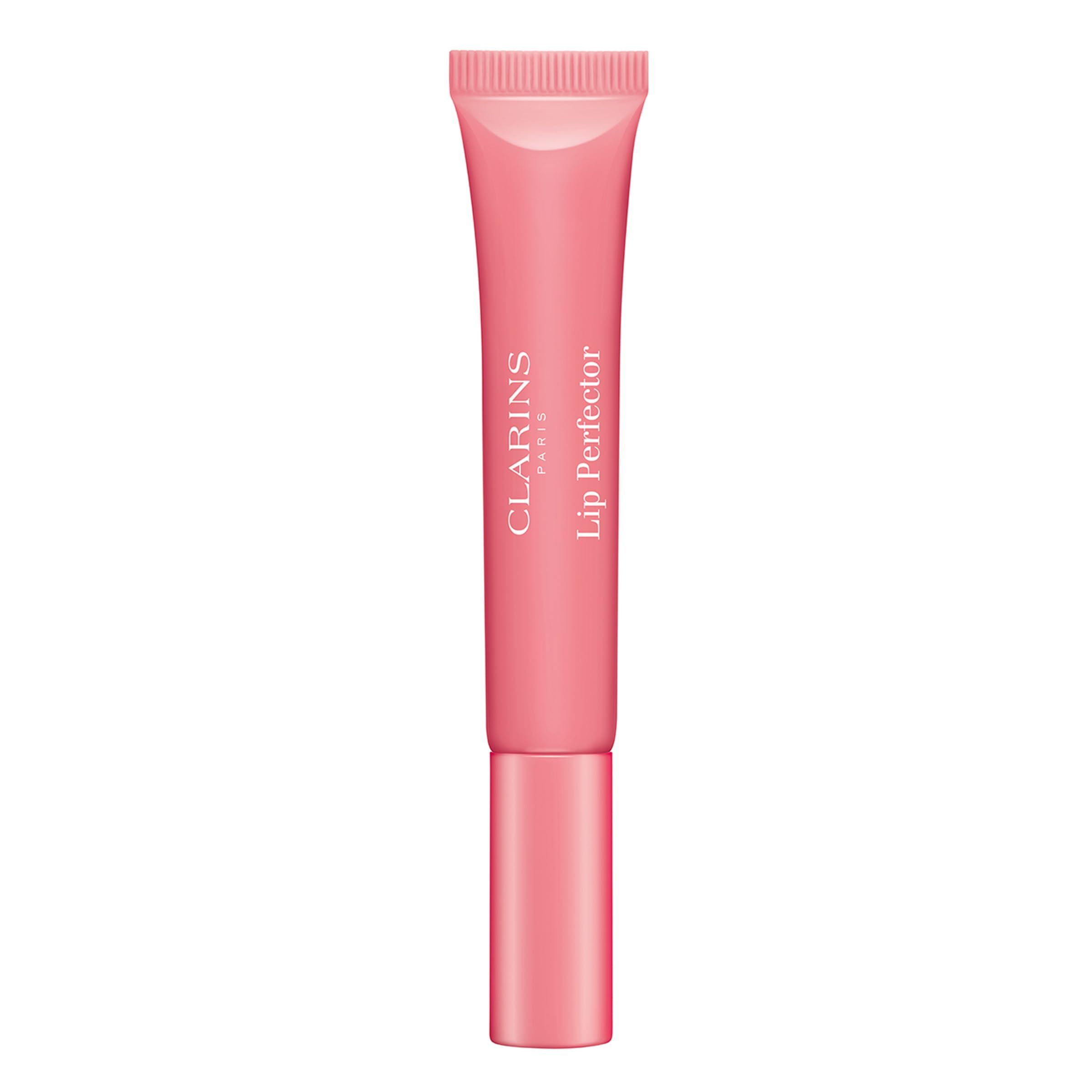 Rosa Lippen-Perfector-Tube. Marke Clarins, Schriftzug Lip Perfector. Rosa Kappe und Tube. Aufschrift 01 Rose Shimmer.