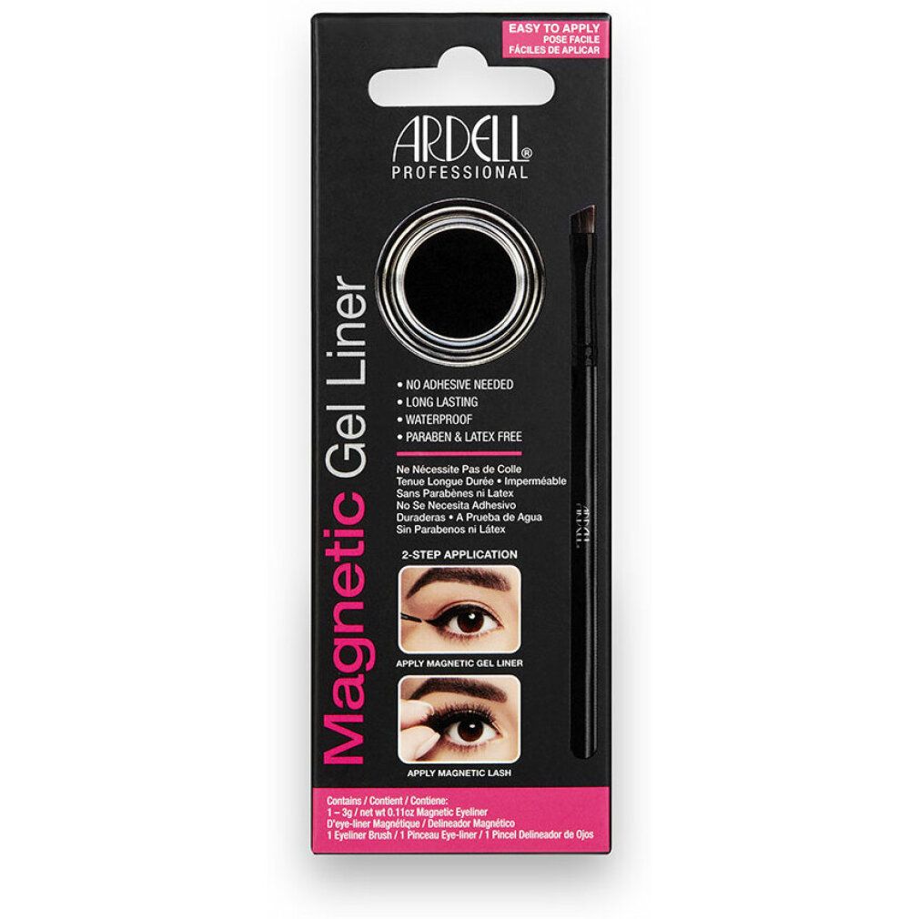 Ardell Magnetic Gel Liner. Schwarze Gel-Liner-Verpackung mit Pinsel. Enthält Informationen zu Inhaltsstoffen und Anwendung.