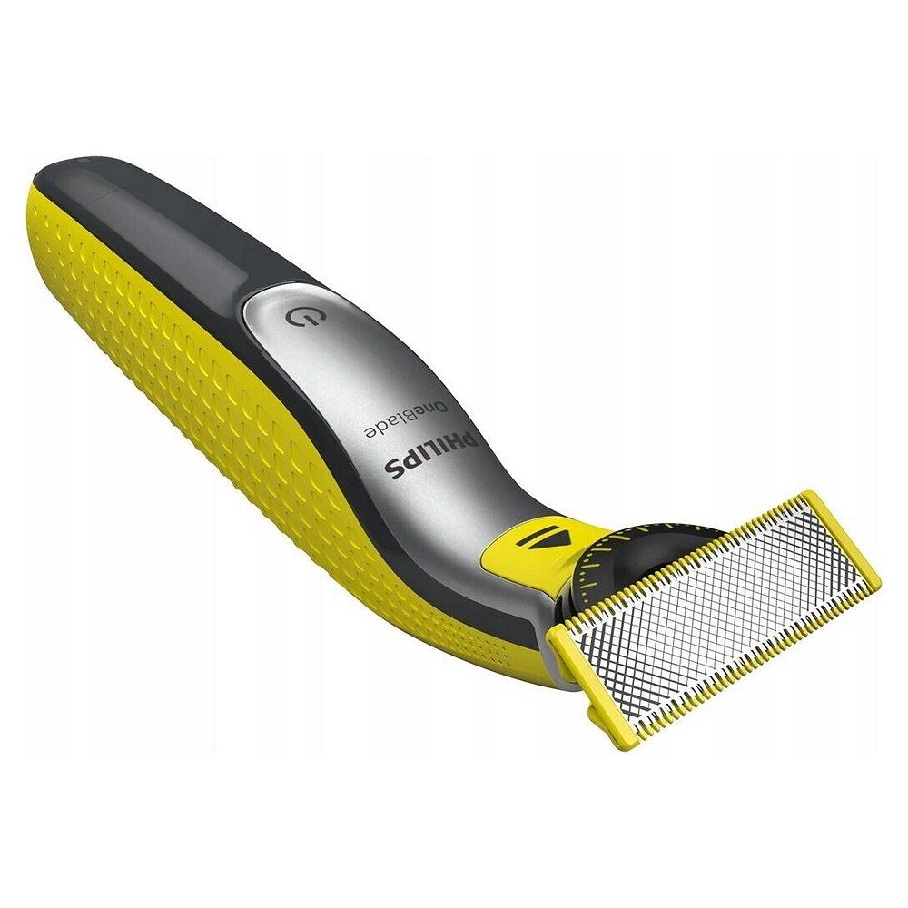 Philips OneBlade 360 Trimmer mit gelbem Griff und silbernem Scherkopf. Nahaufnahme.