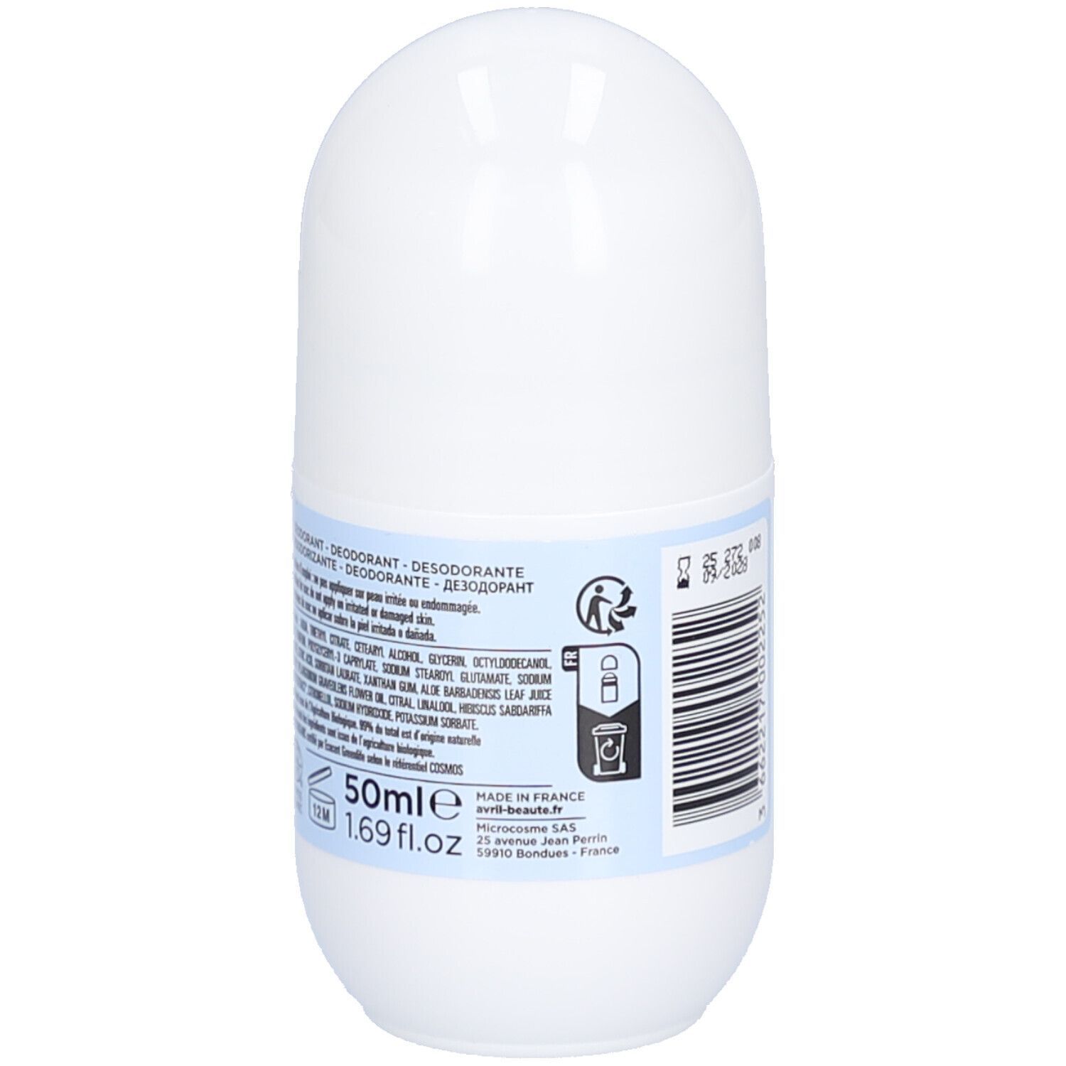 Weiße Roll-on-Deodorantflasche mit Etikett, das Inhaltsstoffe und 50ml/1.69 fl.oz Angabe zeigt.