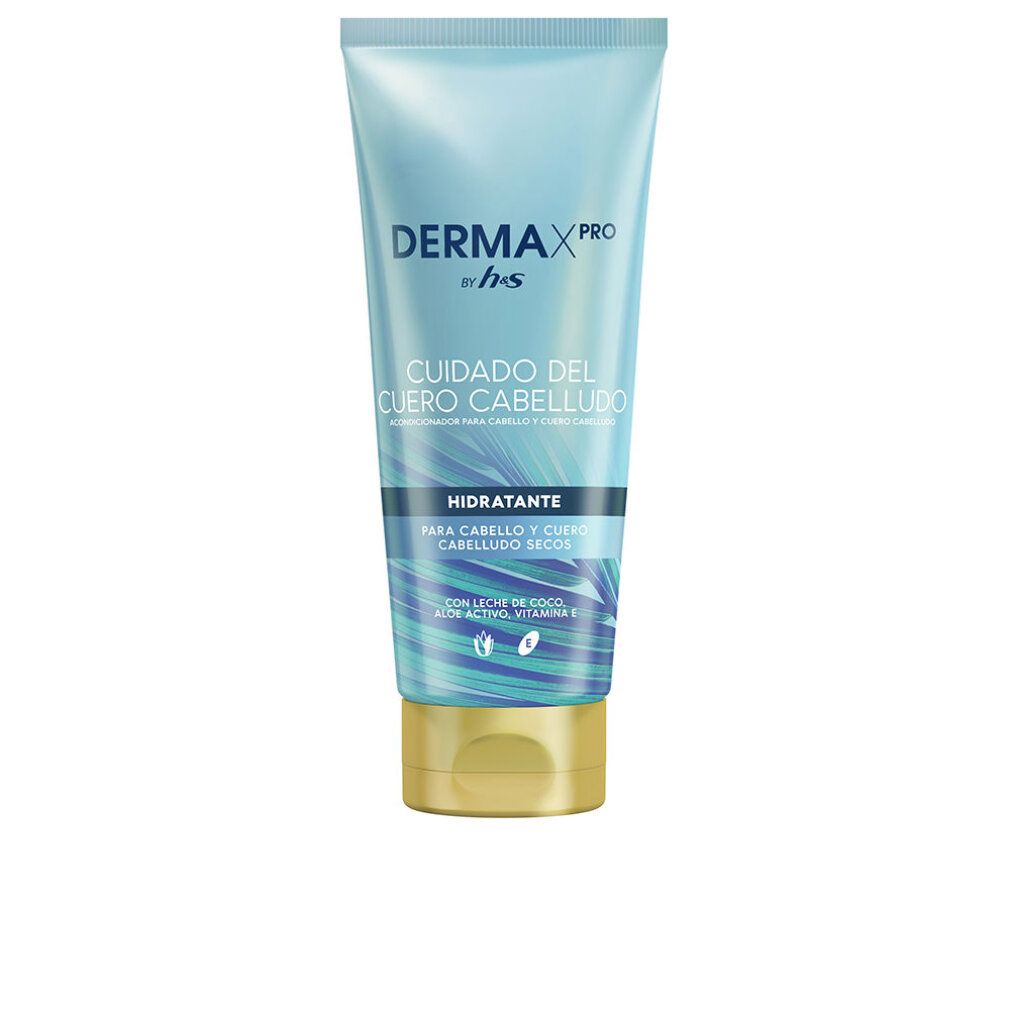 Head & Shoulders Derma X Pro Acondicionador Hidratante. Blaue Tube mit Produktnamen und Text. Goldfarbener Verschluss.
