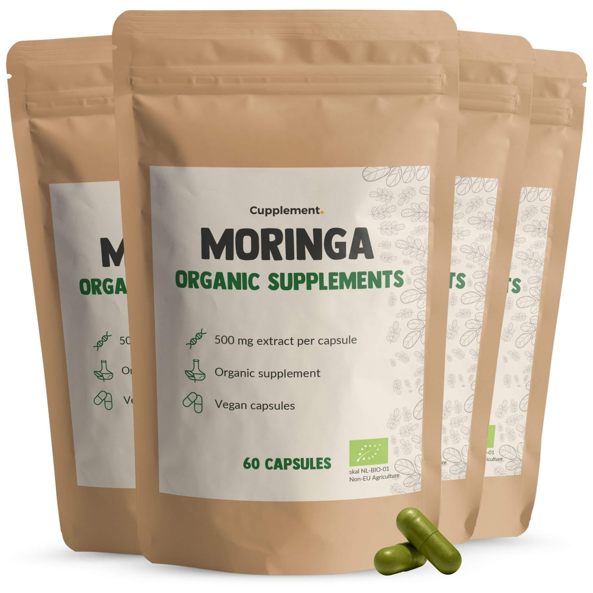 Mehrere Beutel mit Cupplement Moringa-Kapseln. Aufschrift: MORINGA ORGANIC SUPPLEMENTS, 60 Kapseln, Bio-Zertifizierung.