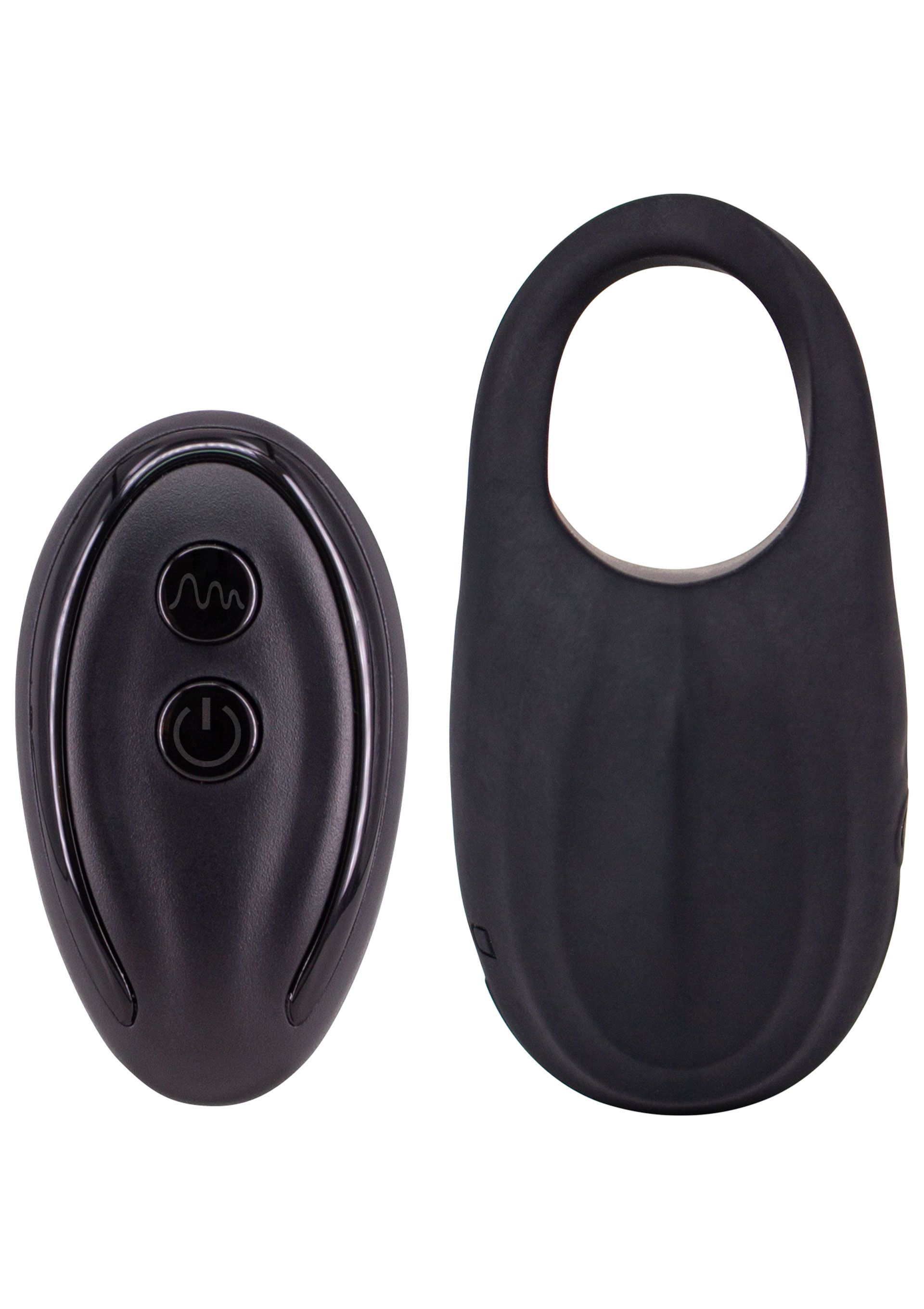 Schwarzer Cockring und Fernbedienung. Fernbedienung mit zwei Knöpfen. Cockring mit Griff.