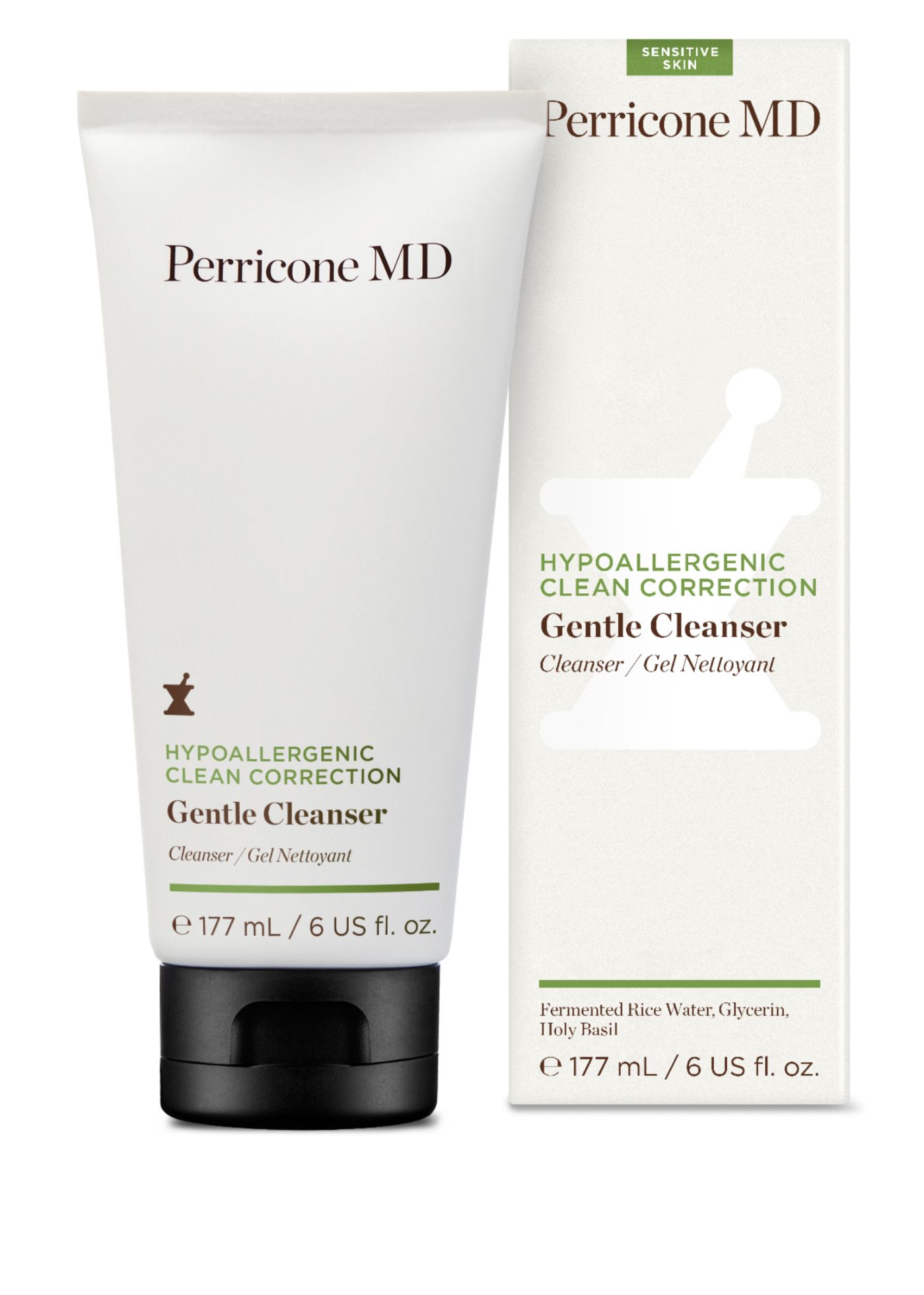 Weiße Tube und Schachtel. Aufschrift: Perricone MD, Gentle Cleanser. Volumen: 177 ml. Für empfindliche Haut.