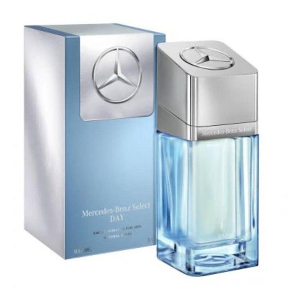 Hellblaues Eau de Toilette in eckiger Glasflasche mit silbernem Deckel und hellblauer Verpackung. Logo und Schriftzug auf der Verpackung.
