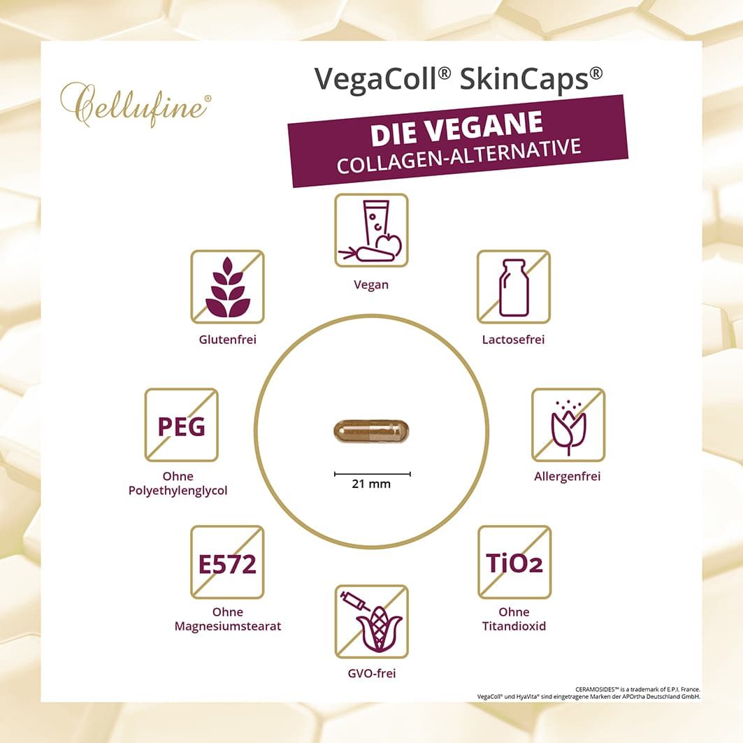 Infografik mit Kapsel und Symbolen. Kapsel 21 mm, ohne Gluten, Laktose, PEG, E572, TiO2, GVO-frei, vegan, allergenfrei.