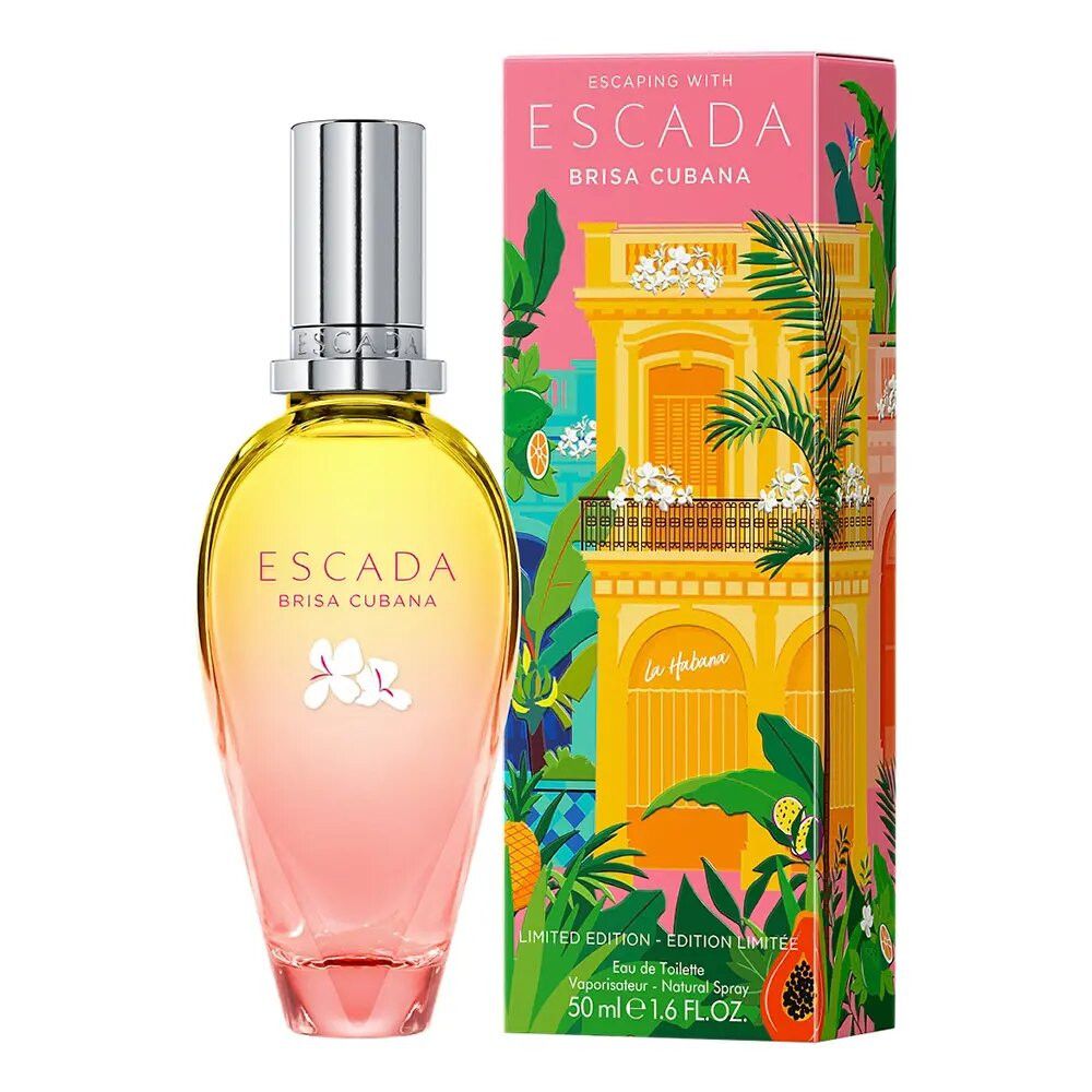 Escada Brisa Cubana E.d.T. Nat. Spray. Flakon mit gelb-rosa Farbverlauf, silberner Verschluss. Verpackung mit kubanischem Design.