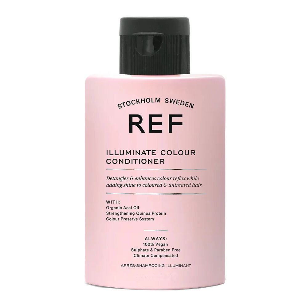 Rosa Flasche mit schwarzem Deckel. Aufschrift: REF, ILLUMINATE COLOUR CONDITIONER. Enthält Acai-Öl, Quinoa-Protein. Vegan, ohne Sulfate und Parabene.