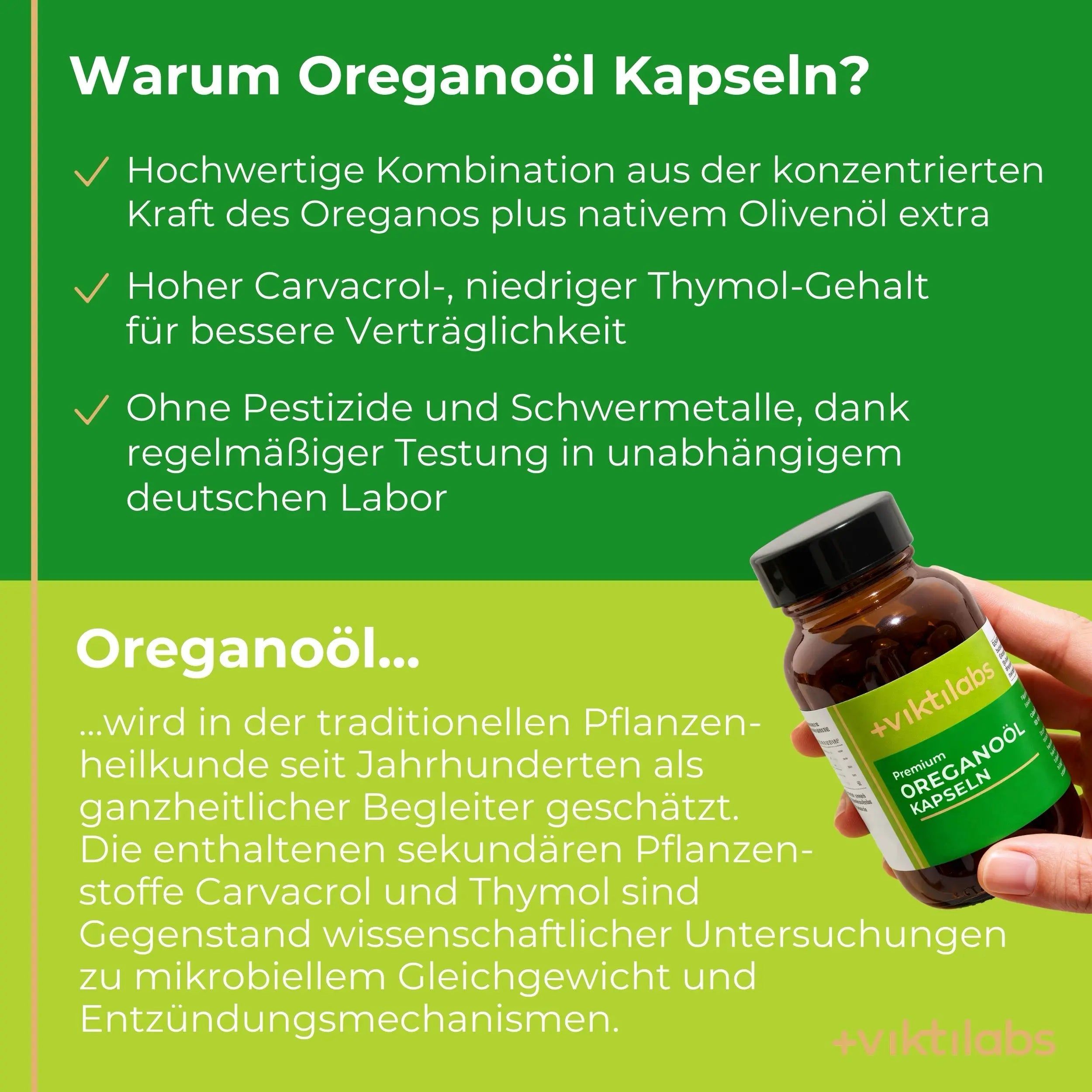 Braune Glasflasche mit grünem Etikett, darauf "Premium Oreganool Kapseln" und "viktilabs".