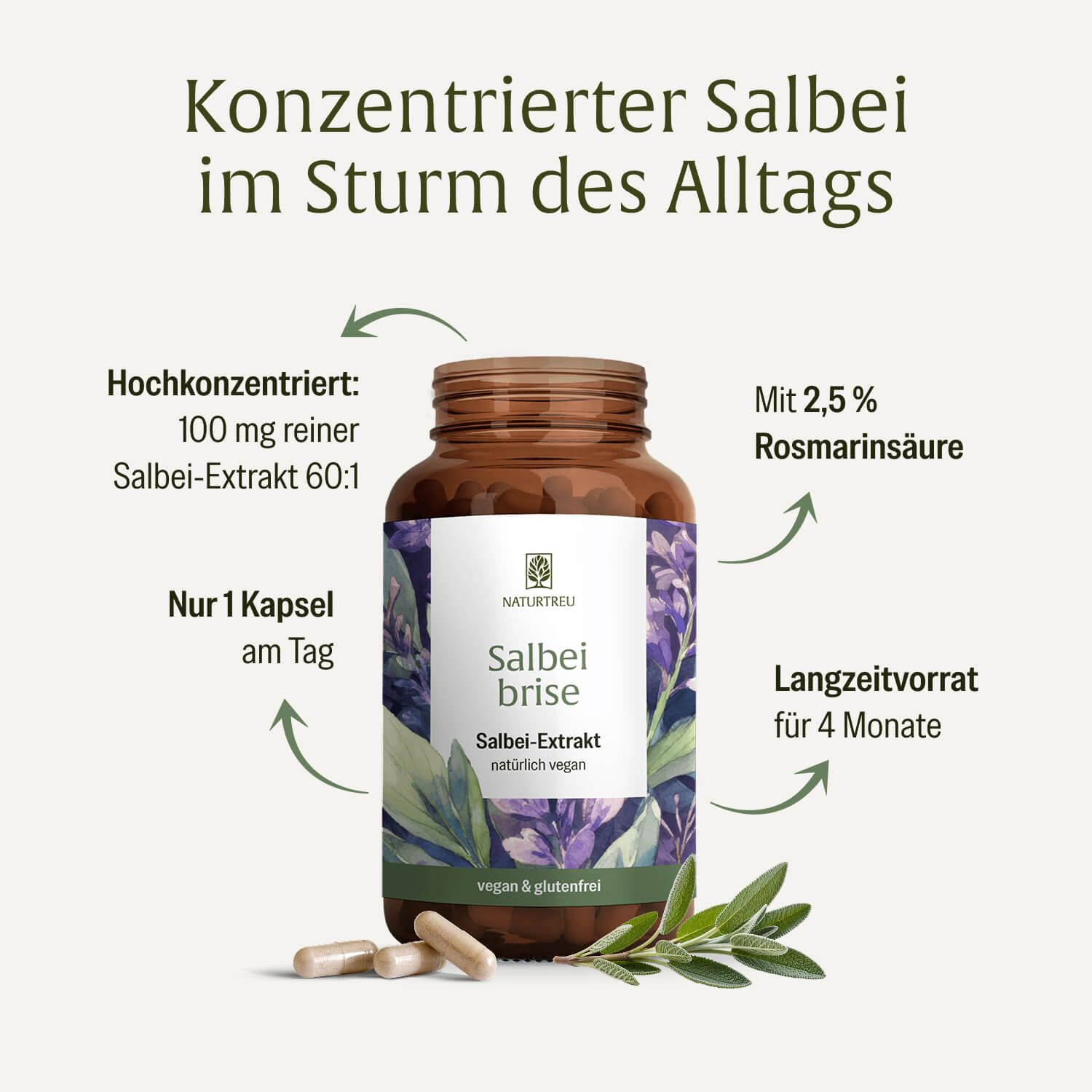 NATURTREU Salbei Extrakt Flasche mit zwei Kapseln. Informationen zu Dosierung und Inhaltsstoffen.