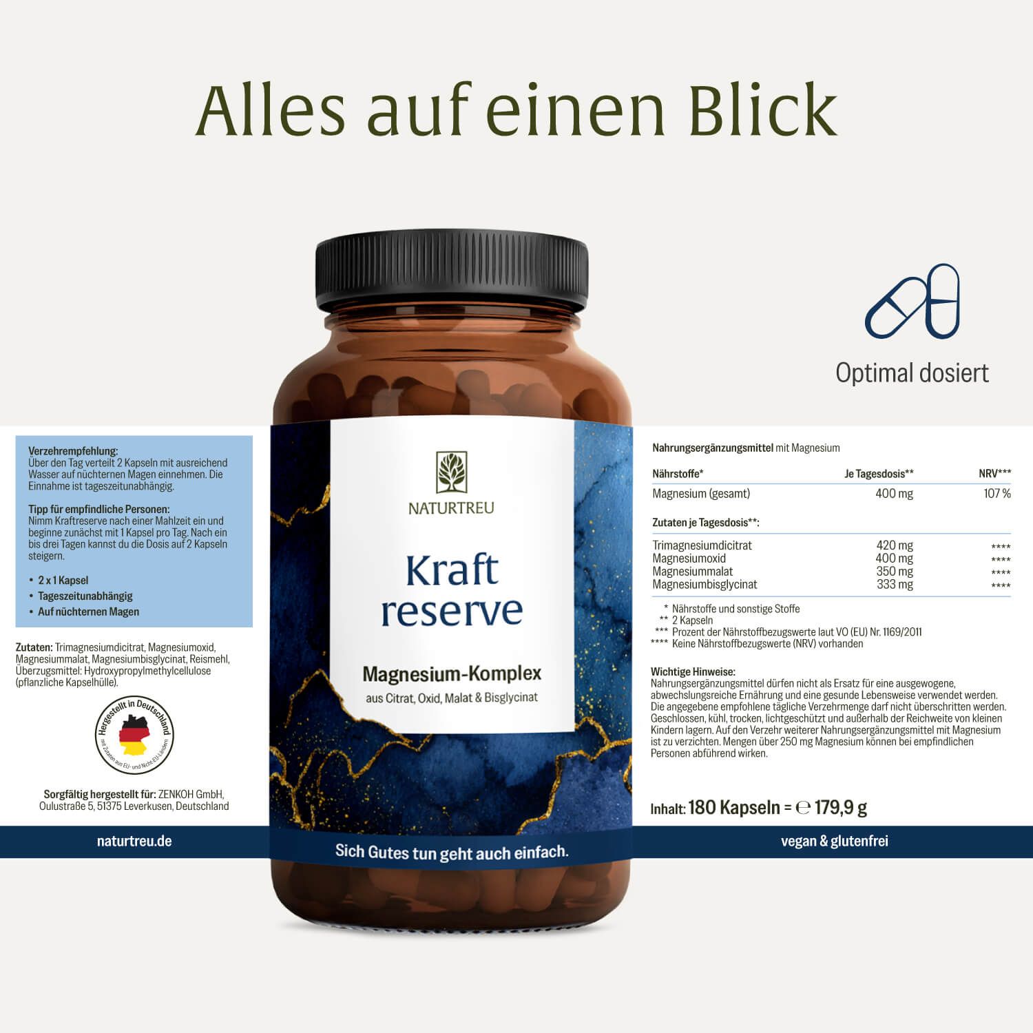 Produktflasche mit Text und Nährwerttabelle. Text: Alles auf einen Blick. 180 Kapseln. Vegan & glutenfrei.