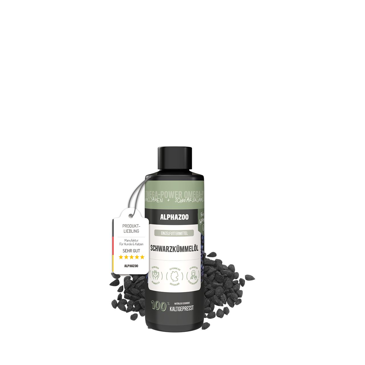 Schwarze Flasche Alphazoo Schwarzkümmelöl, schwarze Samen. Anhänger: Produkt-Liebling, Sterne, Hergestellt in Deutschland.