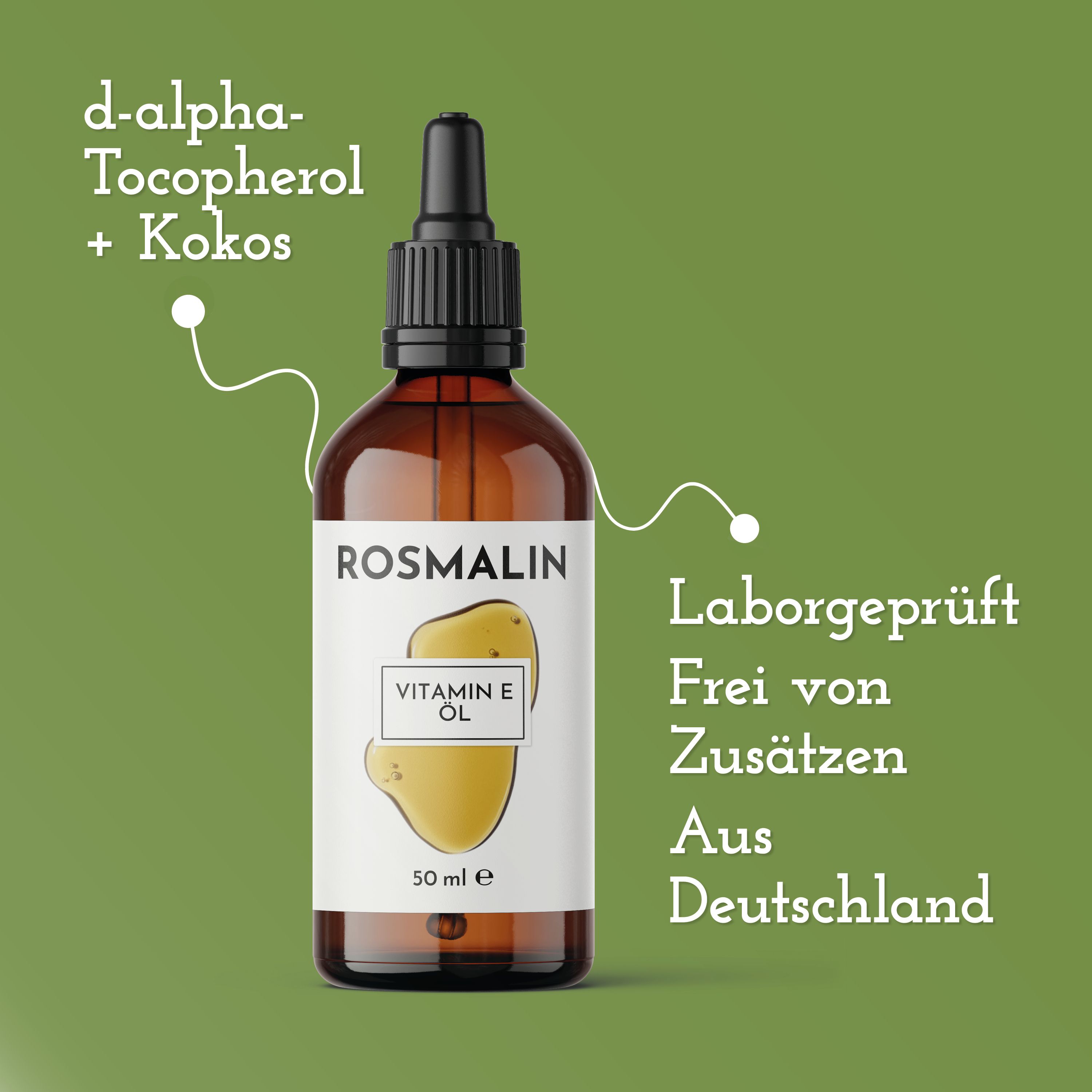 Rosmalin® Vitamin E Öl Flasche. Braune Glasflasche mit Pipette. Text: d-alpha-Tocopherol + Kokos. Laborgeprüft. Frei von Zusätzen. Aus Deutschland.