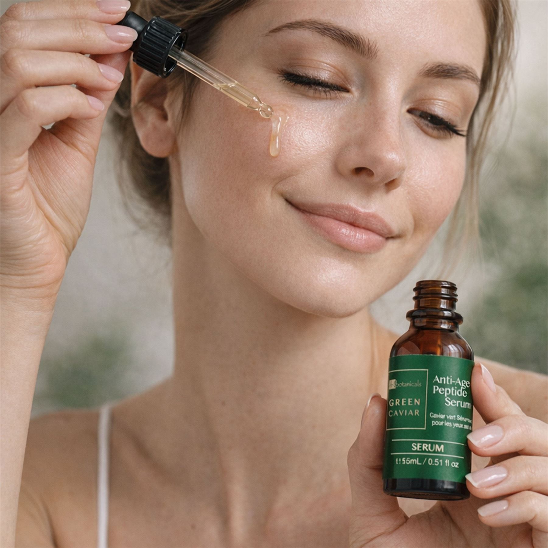 Frau trägt Dr. Botanicals Grünes Kaviar Augen Serum mit Pipette auf.