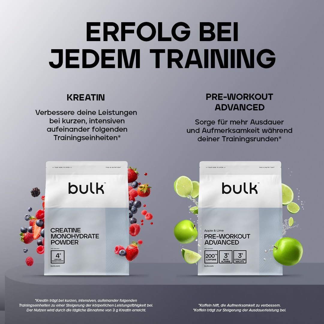 Zwei Beutel mit "bulk"-Logo. Links: Kreatin, rechts: Pre-Workout Advanced. Text: ERFOLG BEI JEDEM TRAINING.