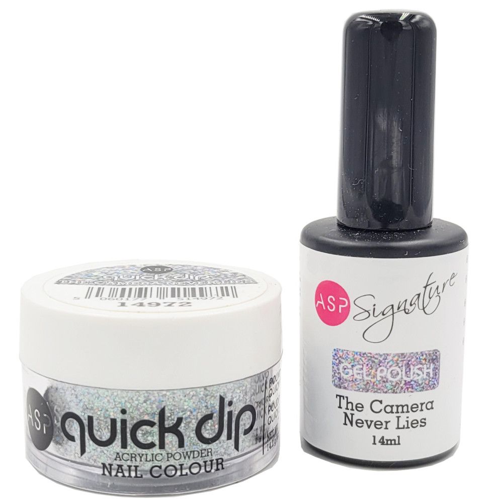 Quick Dip Puder-Tiegel und Signature Gel Polish Flasche. Beide mit silbernen Glitzer-Effekten. Schwarze Kappe auf der Flasche.