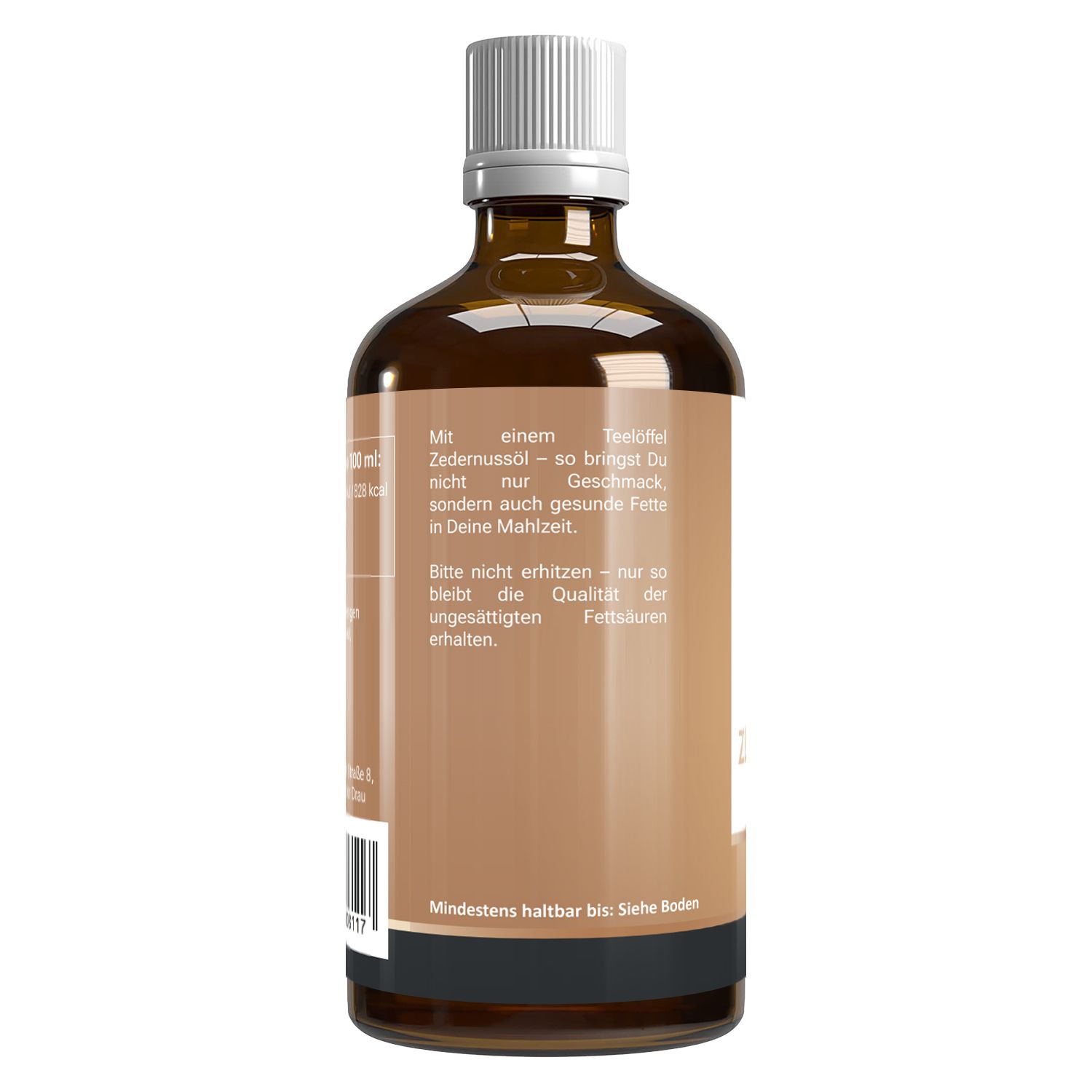 Rückseite der braunen Glasflasche mit weißem Deckel. Text: Anwendungshinweise und Mindesthaltbarkeit.