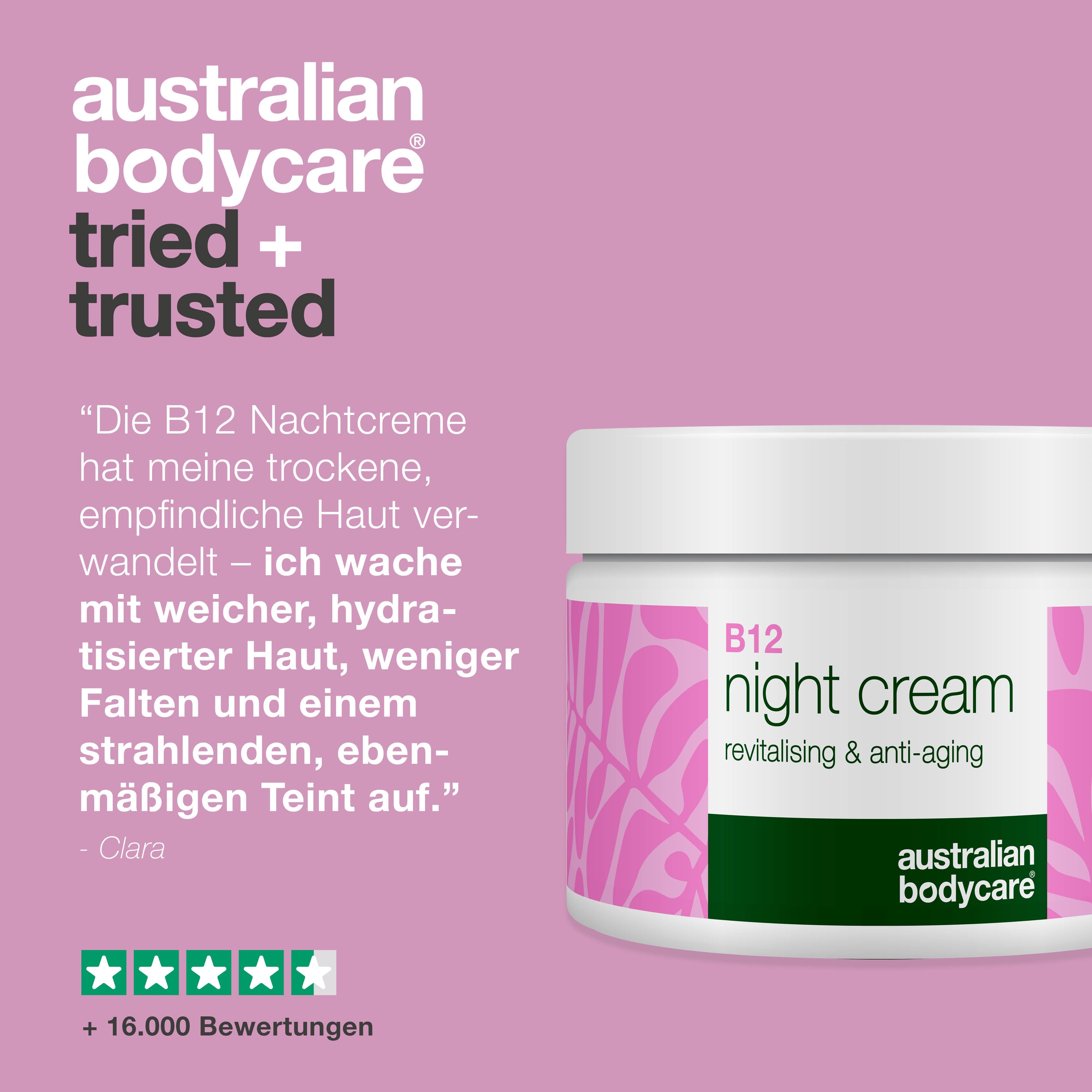 Tiegel Nachtcreme B12. Zitat: Weiche, hydratisierte Haut, weniger Falten. 5 Sterne Bewertung. Marke: Australian Bodycare.