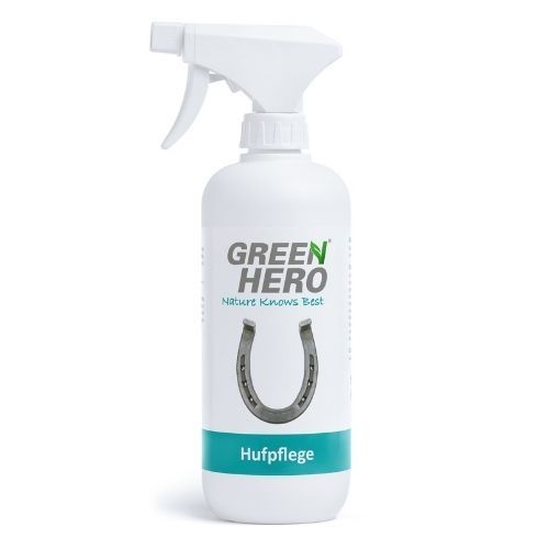 Weiße Sprühflasche mit grünem Etikett. Text: Green Hero, Hufpflege.