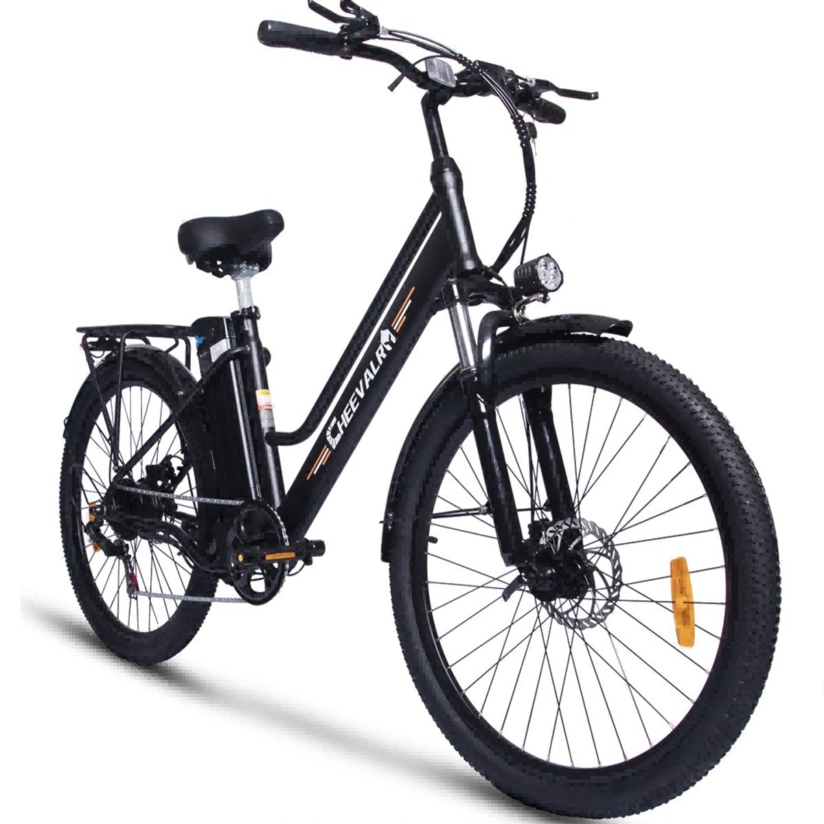 Schwarzes Elektrofahrrad mit Frontscheinwerfer. Marke Cheevalry.