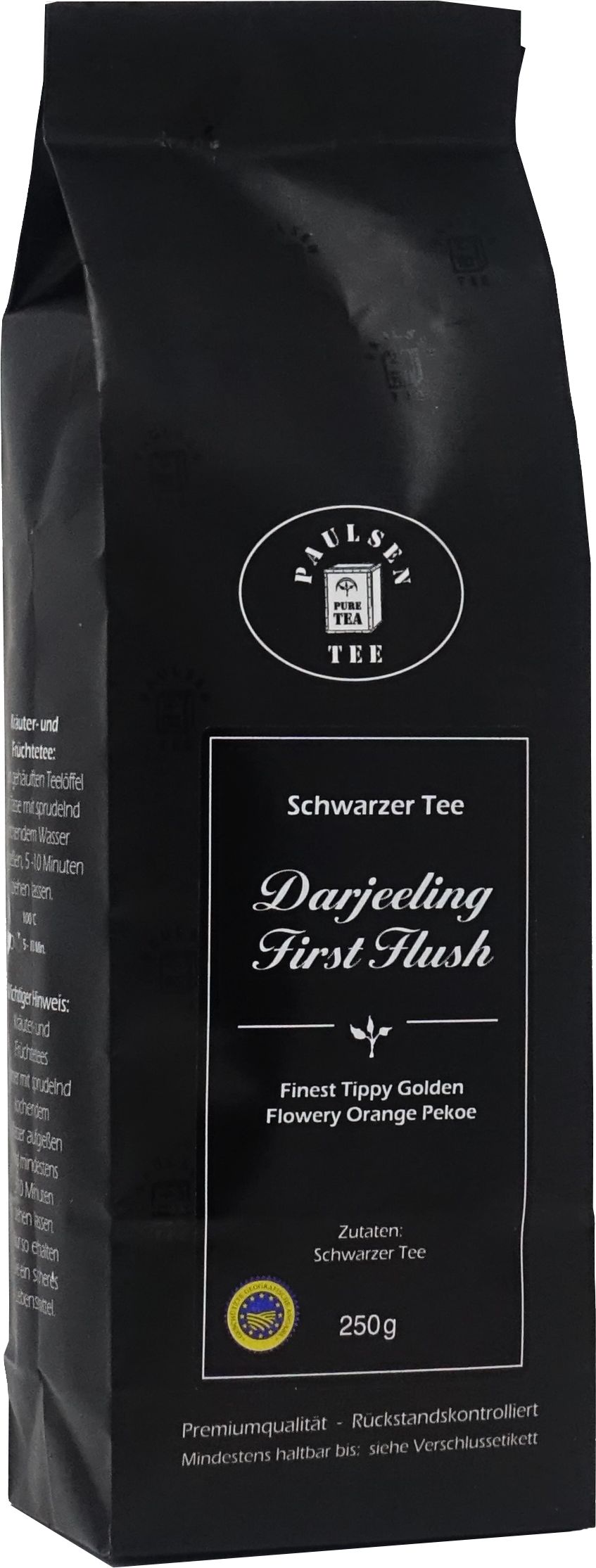Schwarzer Tee, Darjeeling First Flush, in schwarzer Verpackung. Aufdruck: Paulsen Tee, 250g, Zutaten: Schwarzer Tee.