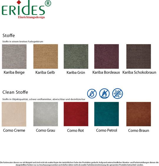 Stoffmuster in verschiedenen Farben: Beige, Gelb, Grün, Bordeaux, Schokobraun, Creme, Grau, Rot, Petrol, Braun.