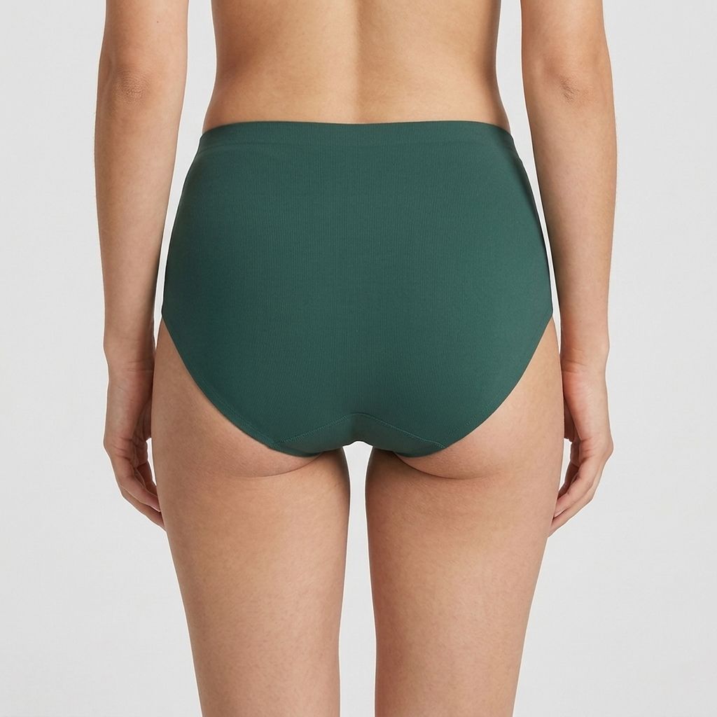 Grüne Periodenunterhose, hohe Taille, Rückansicht. Stoffhose für maximalen Komfort.