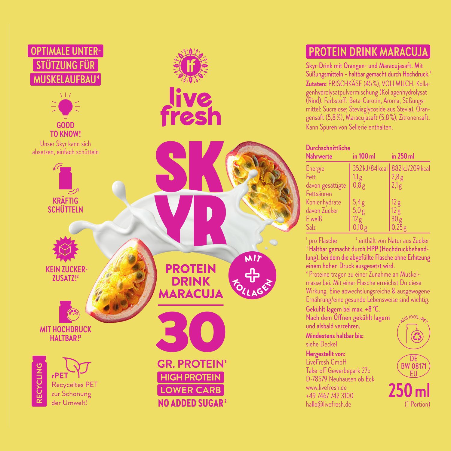 Produktetikett mit Informationen zu Skyr Drink Maracuja. Enthält Nährwertangaben, Zutatenliste und Hinweise. Mit Logo, Text und Illustrationen.