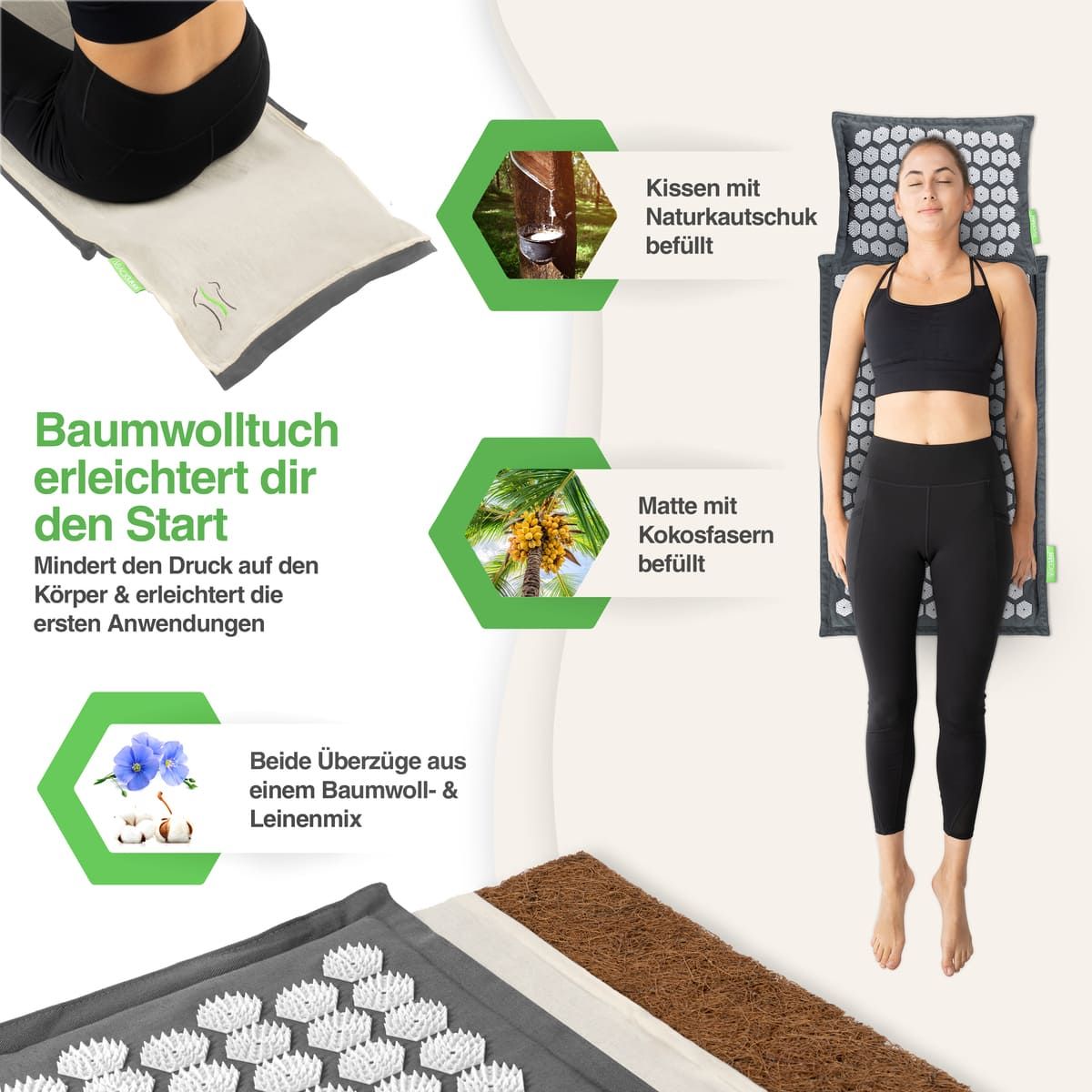 Frau liegt auf Akupressurmatte und Kissen. Text: Baumwolltuch erleichtert dir den Start. Kissen mit Naturgummifüllung. Matte mit Kokosfasern gefüllt.