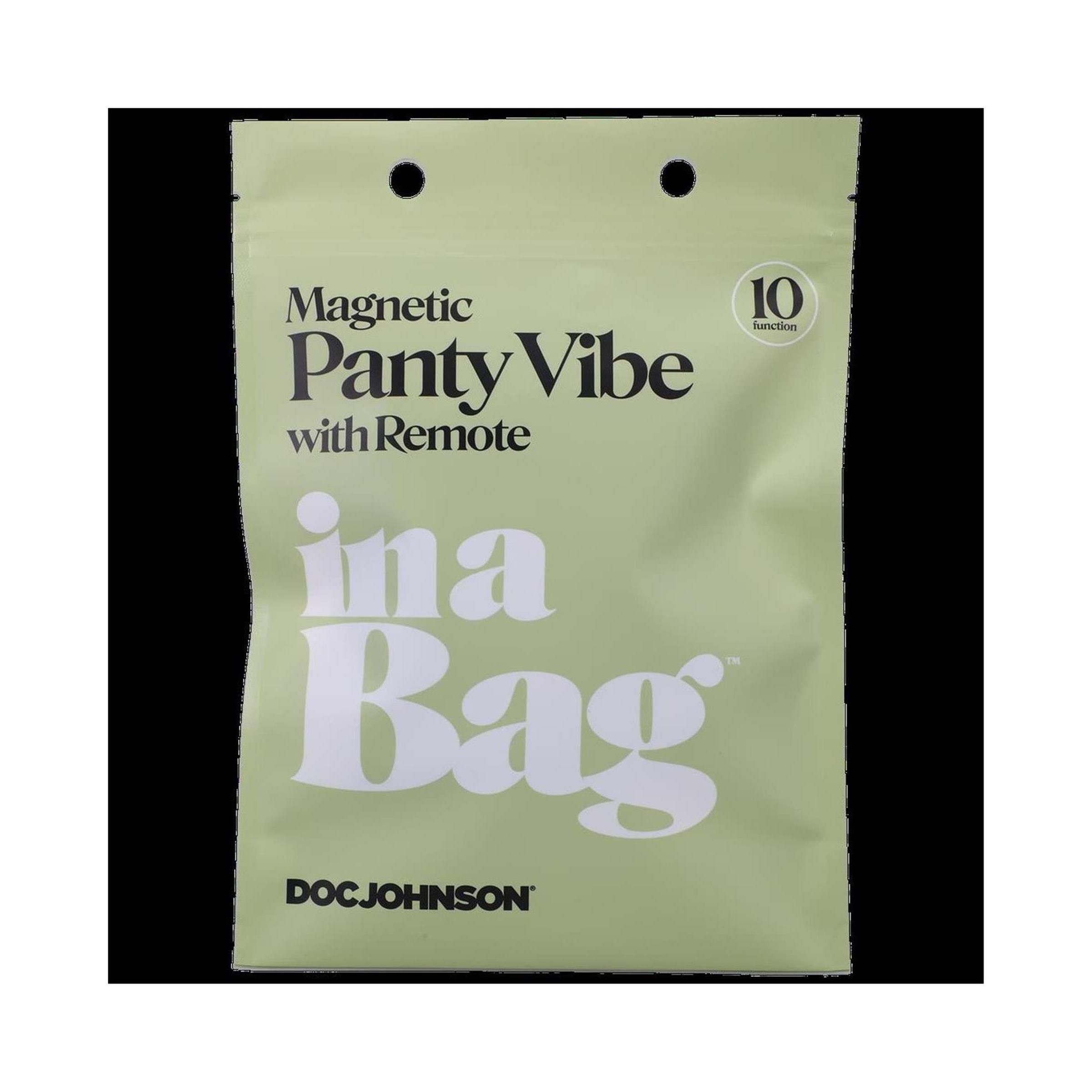 Grüne Verpackung mit Produktnamen "Magnetic Panty Vibe with Remote" und "ina Bag". Marke: DOC JOHNSON. Mit Lochung.