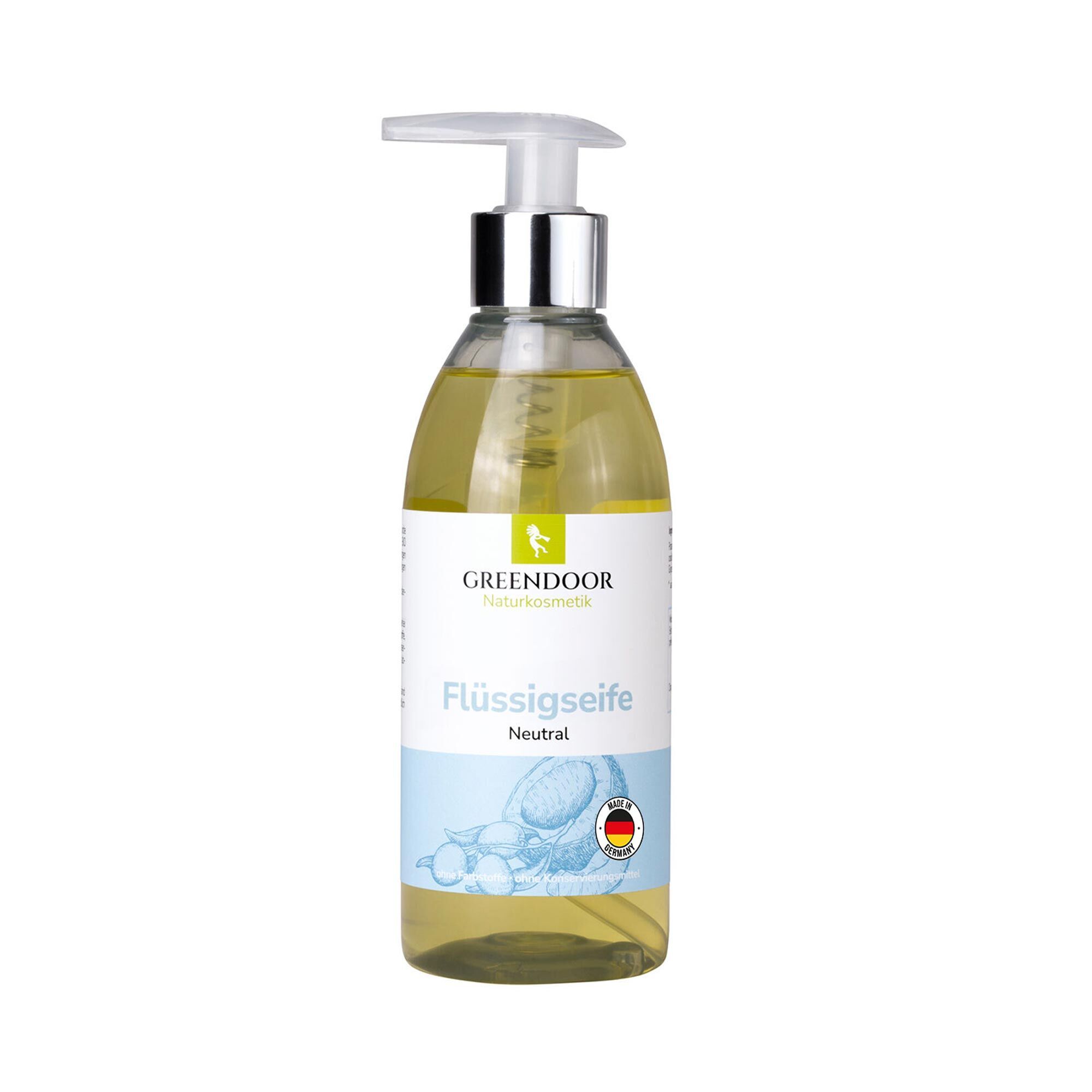 GREENDOOR Flüssigseife Neutral in einer klaren Pumpspenderflasche.