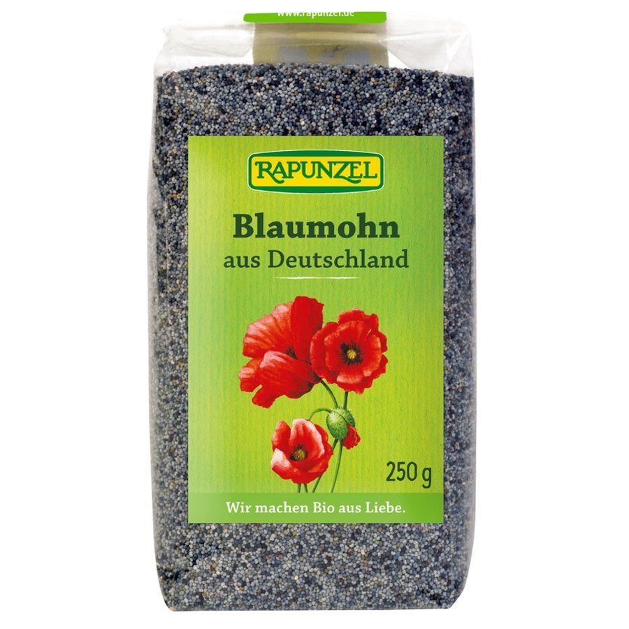 Transparente Verpackung mit Blaumohn. Auf grünem Etikett: Marke Rapunzel, Blaumohn aus Deutschland, rote Mohnblumen, 250g.