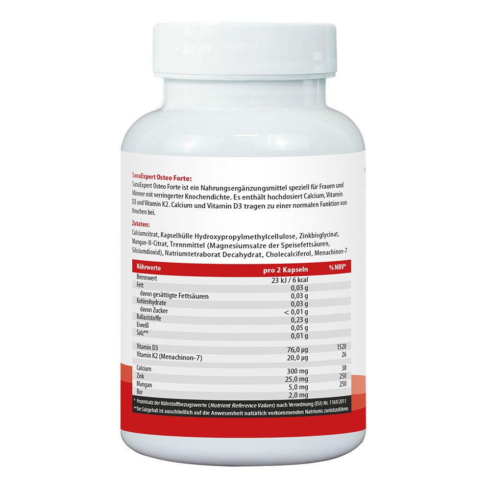 Rückseite der weißen Flasche mit SanaExpert Osteo Forte. Enthält Nährwertangaben und Inhaltsstoffe. Roter Streifen am unteren Rand.