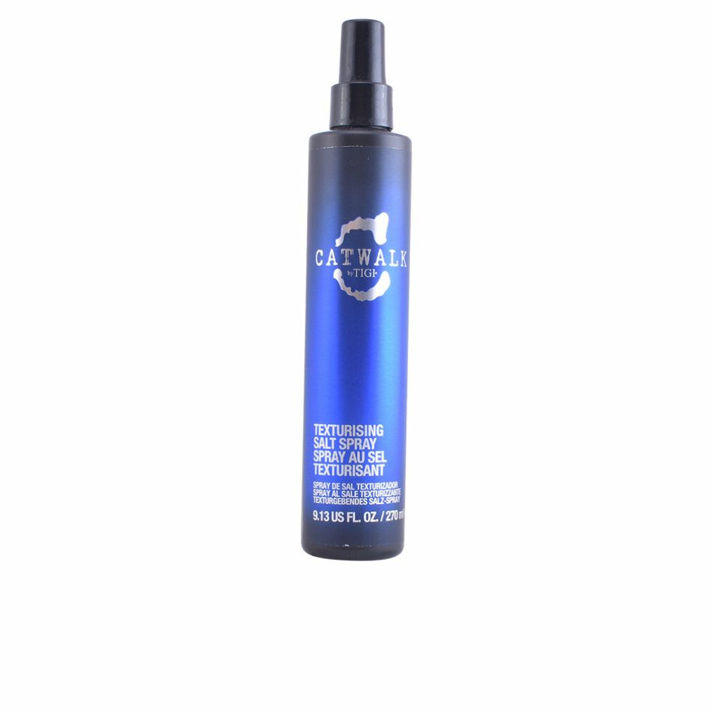 Blaue Sprühflasche mit schwarzem Sprühkopf. Aufschrift: CATWALK by TIGI. Texturgebendes Salz Spray.
