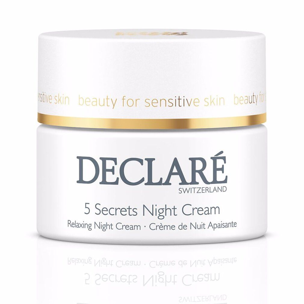 Weißer Tiegel mit goldfarbenem Rand. Aufschrift: DECLARÉ, 5 Secrets Night Cream, Relaxing Night Cream, Crème de Nuit Apaisante.
