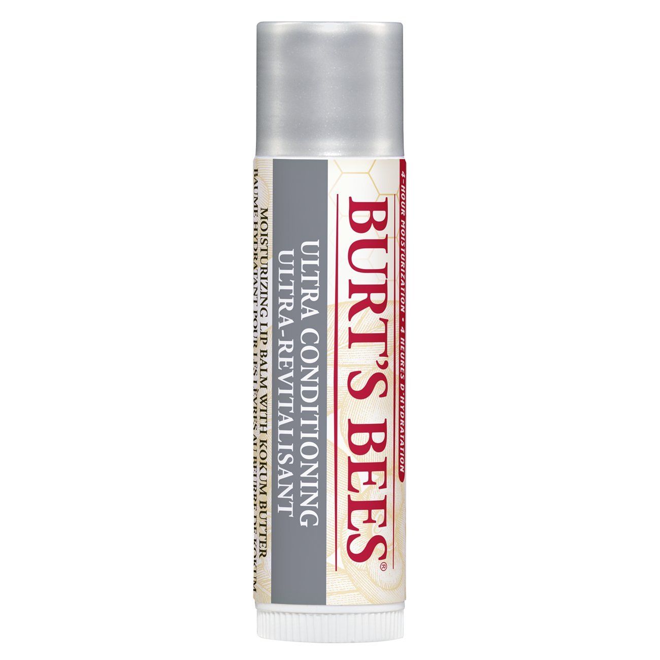 Stick balsamo labbra. Confezione bianca e grigia con testo rosso. "Burt's Bees" e "Ultra Conditioning" visibili.
