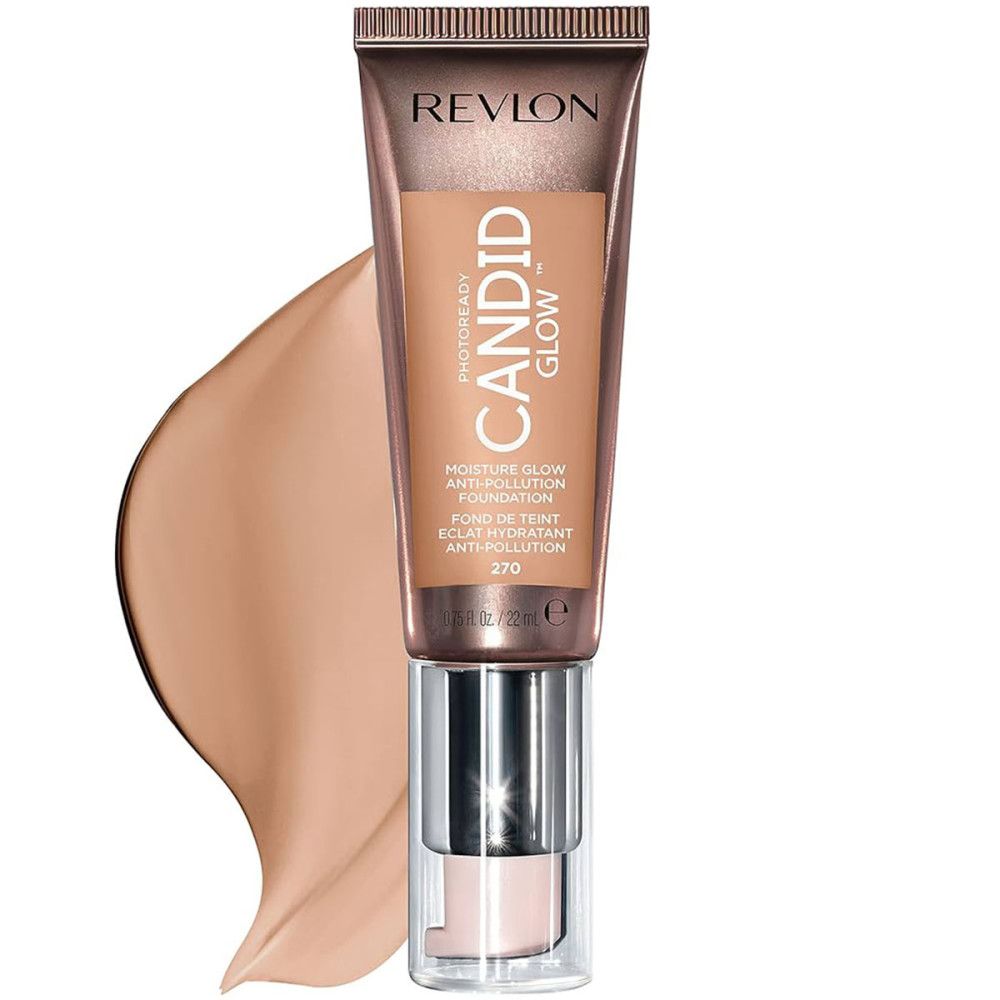 Revlon PhotoReady Candid Glow Foundation. Tube mit Dosierpumpe. Farbton 270. Produkt und Farbmuster.