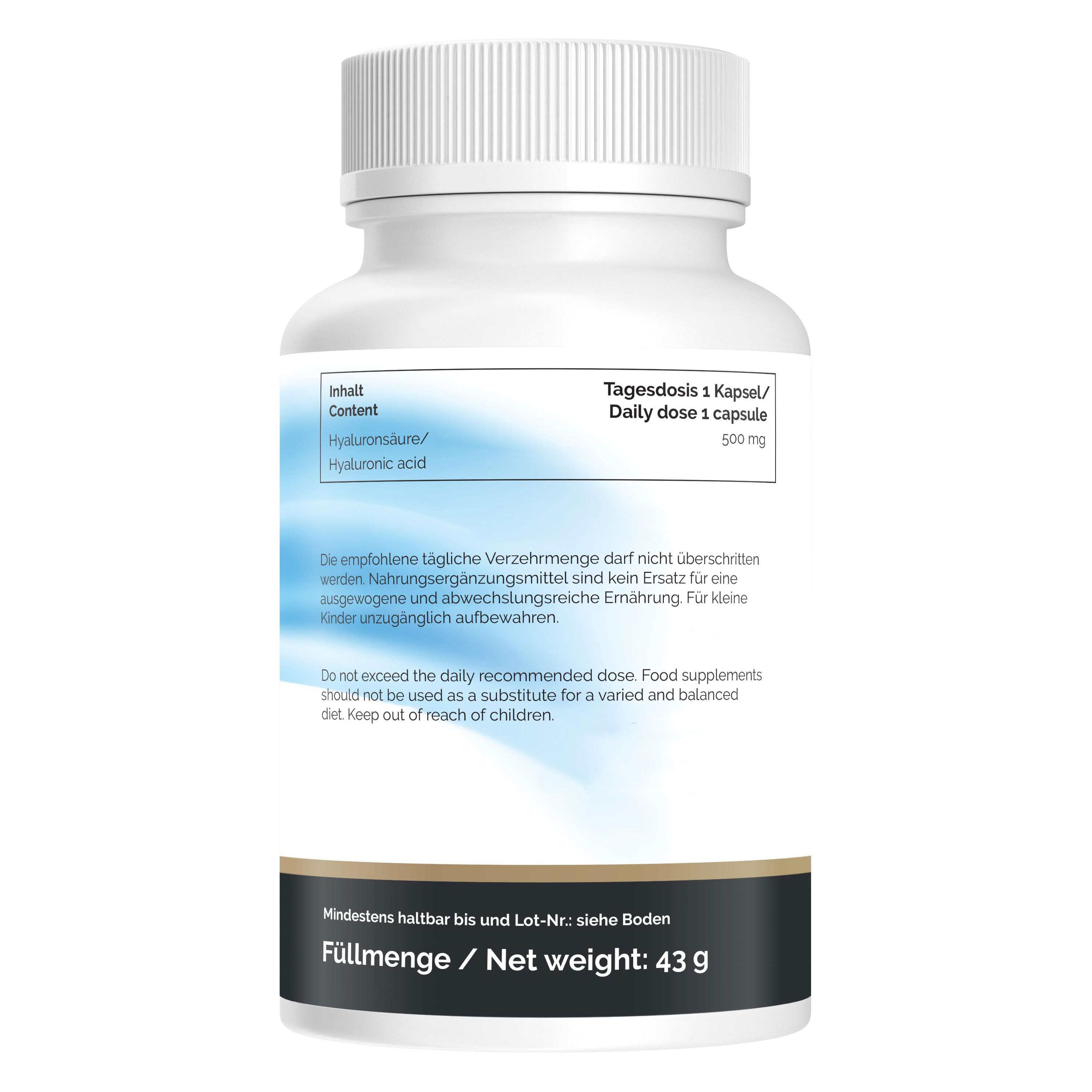 Rückseite einer weißen Flasche. Text: Tagesdosis 1 Kapsel, Hyaluronsäure, 500 mg. Nettogewicht: 43 g.