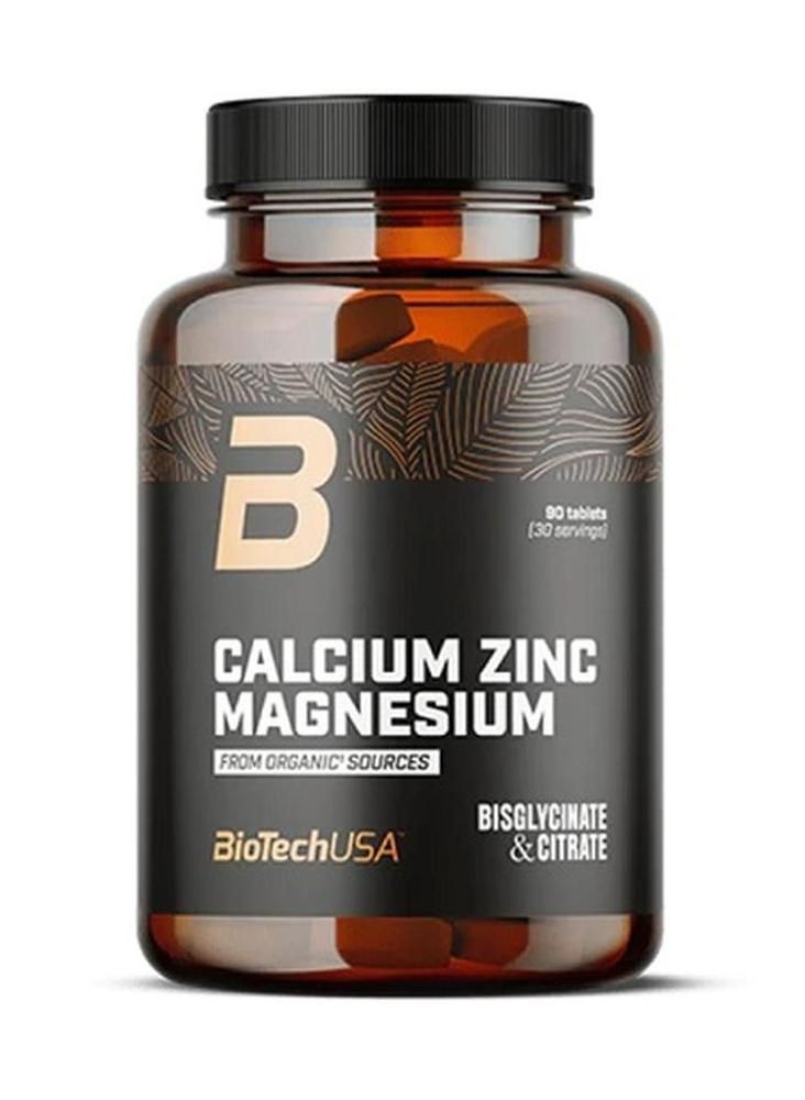 Braune Flasche mit schwarzem Deckel. Aufschrift: Calcium Zinc Magnesium, BiotechUSA. Enthält 90 Tabletten.