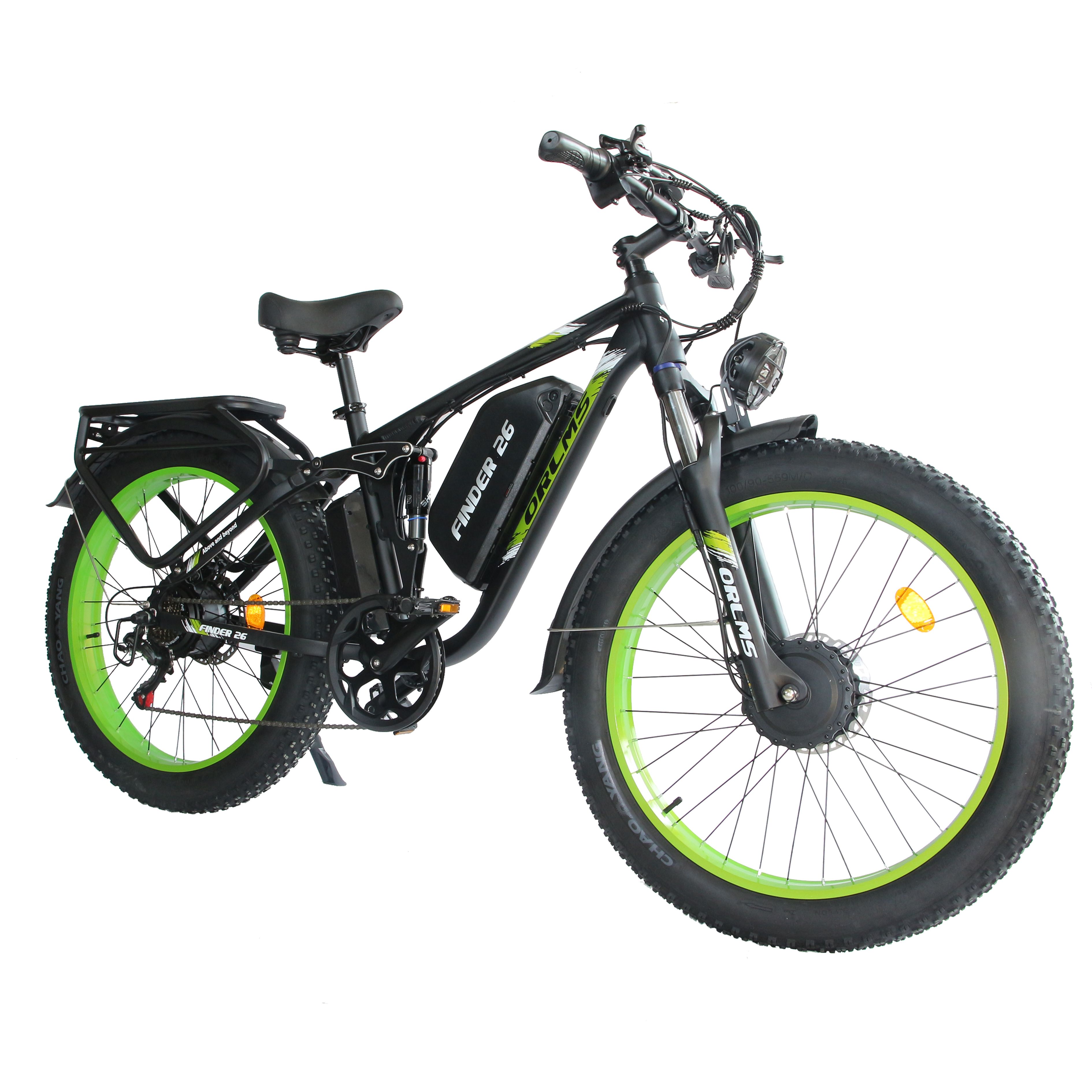 E-Mountainbike ORLMS Finder 26. Schwarz, grüne Felgen. Akku am Rahmen. Gepäckträger. Scheinwerfer.