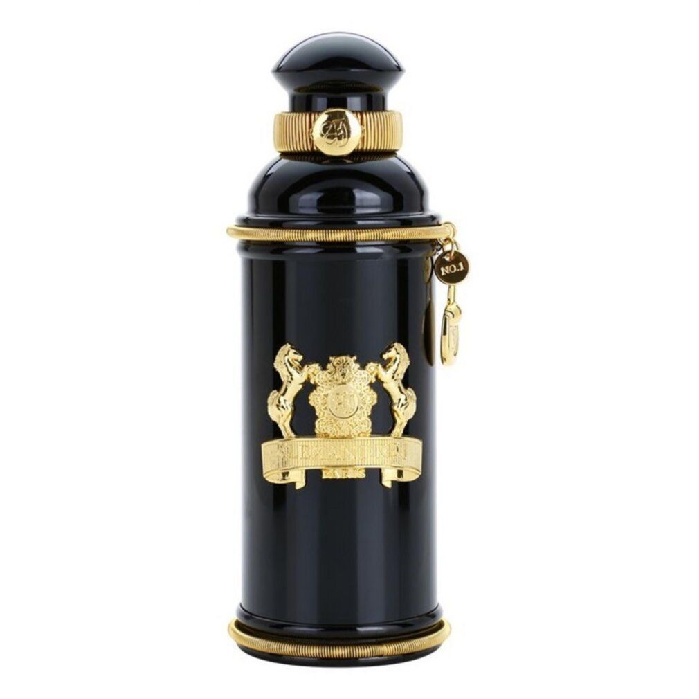Schwarze Flasche mit goldfarbenen Verzierungen. Goldfarbene Kette mit Anhänger. Aufschrift: Black Muscs.