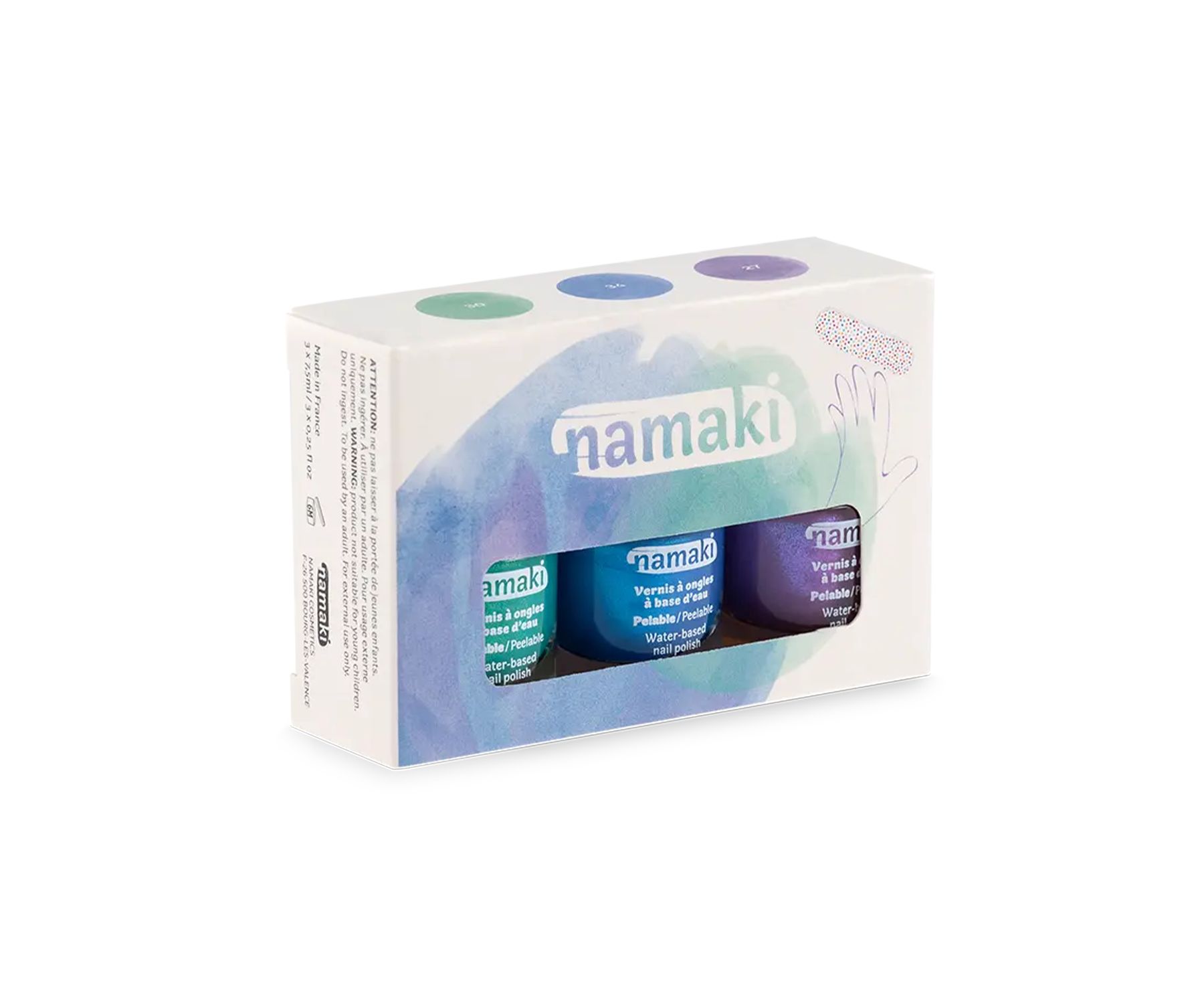 Nagellack-Set in Verpackung. Drei Flaschen in Grün, Blau und Lila. Marke: namaki. Wasserbasiert.