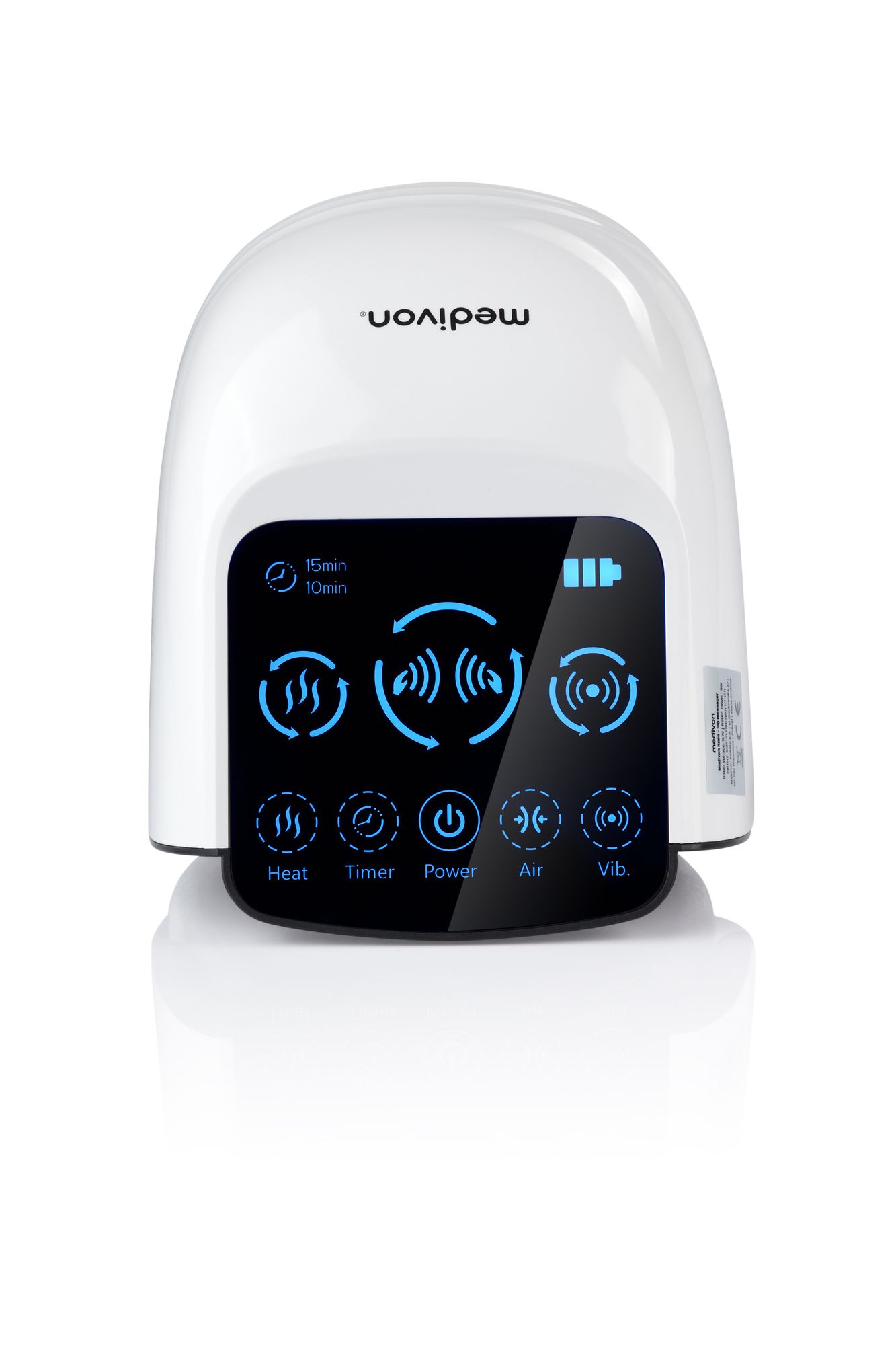 Weißes MEDIVON Knie Massagegerät. Bedienfeld mit Funktionen: Wärme, Timer, Power, Luft, Vibration. Akkuanzeige.