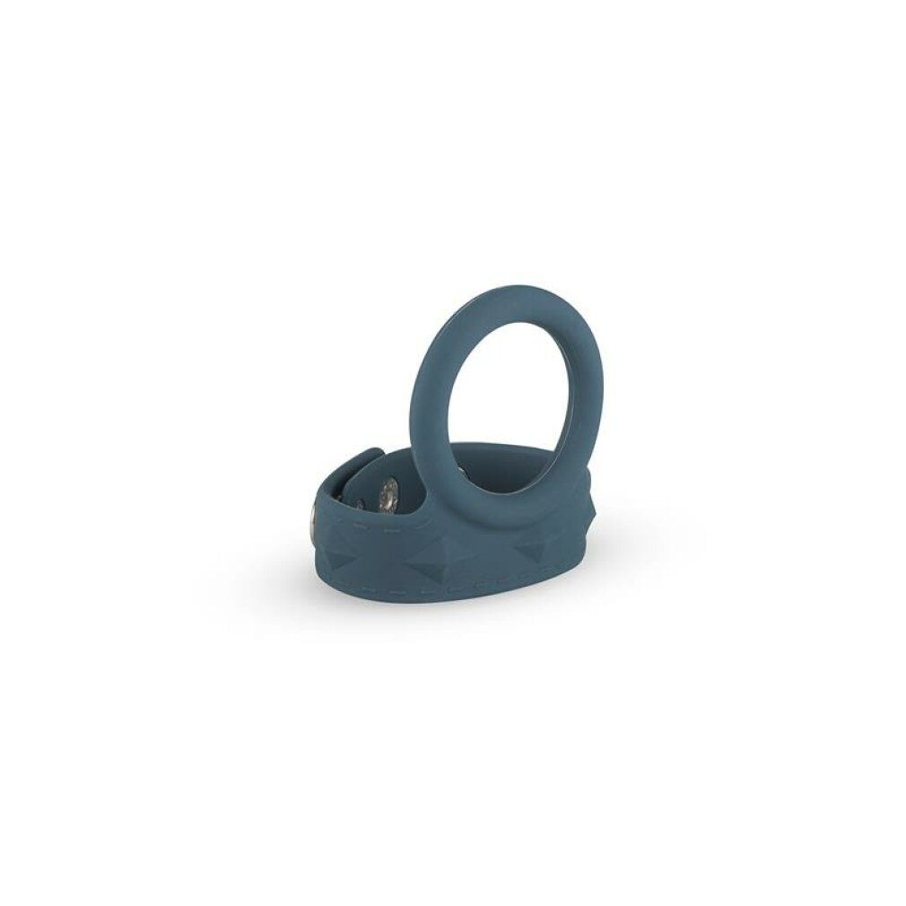 Blau-grauer Ring mit einem Ring und einem Band mit Knöpfen und einem dekorativen Element.