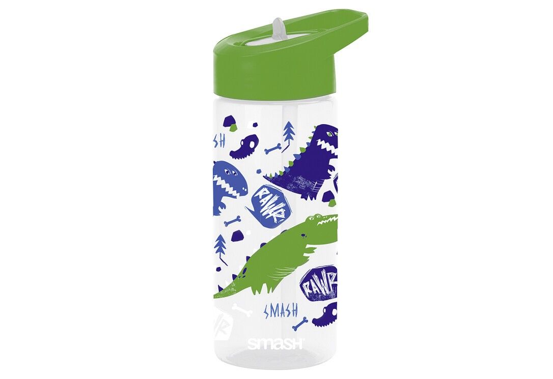Trinkflasche mit grünem Deckel und Dino-Motiv. Aufschrift "RAWR" und "SMASH".