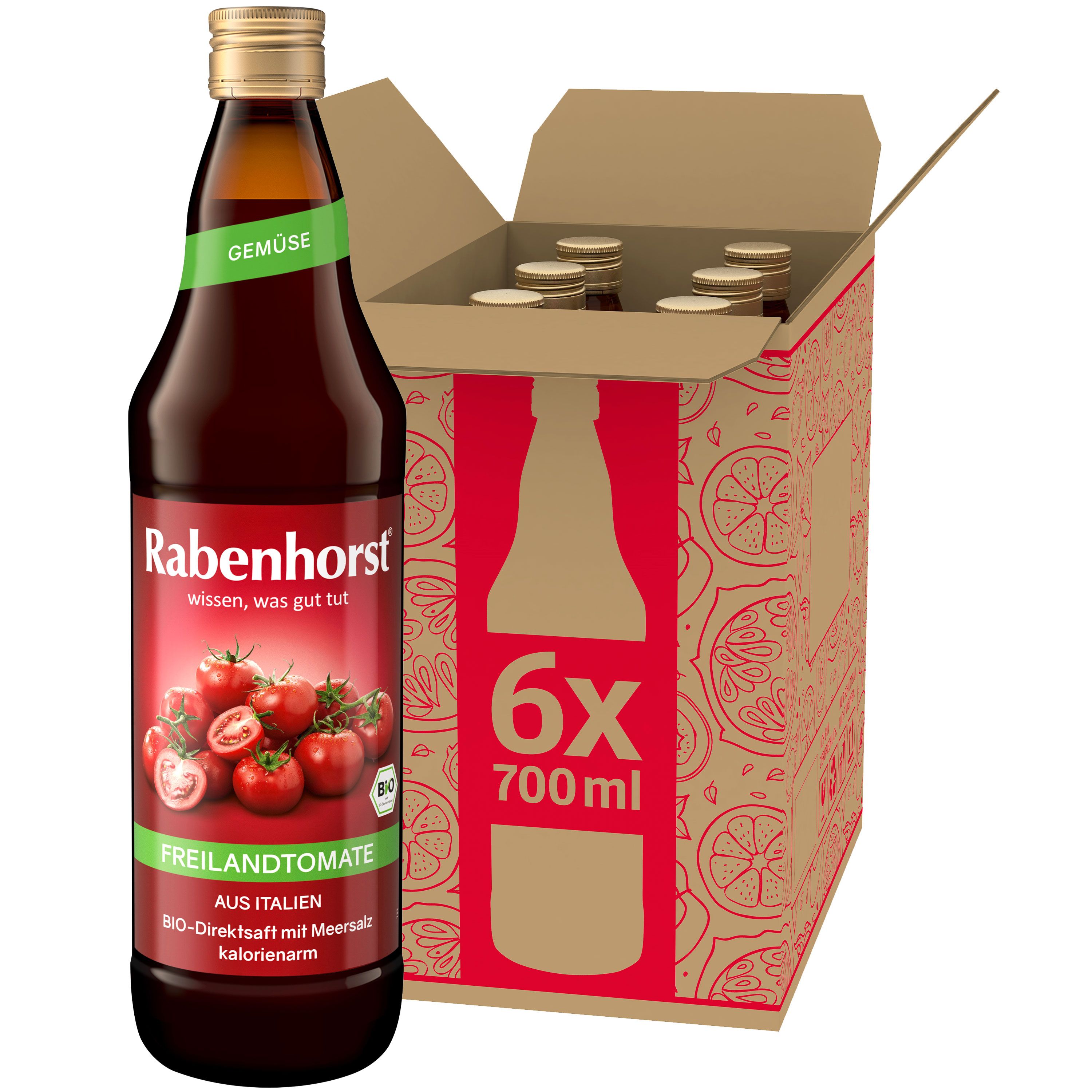 Glasflasche Rabenhorst Freilandtomate BIO, 6 Flaschen im Karton. Etikett mit Tomatenabbildung und Text. BIO-Siegel.