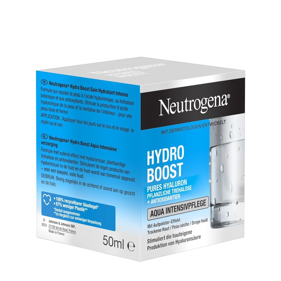 Produktverpackung mit Produktnamen, 50ml Angabe und Text. Blauer Hintergrund.
