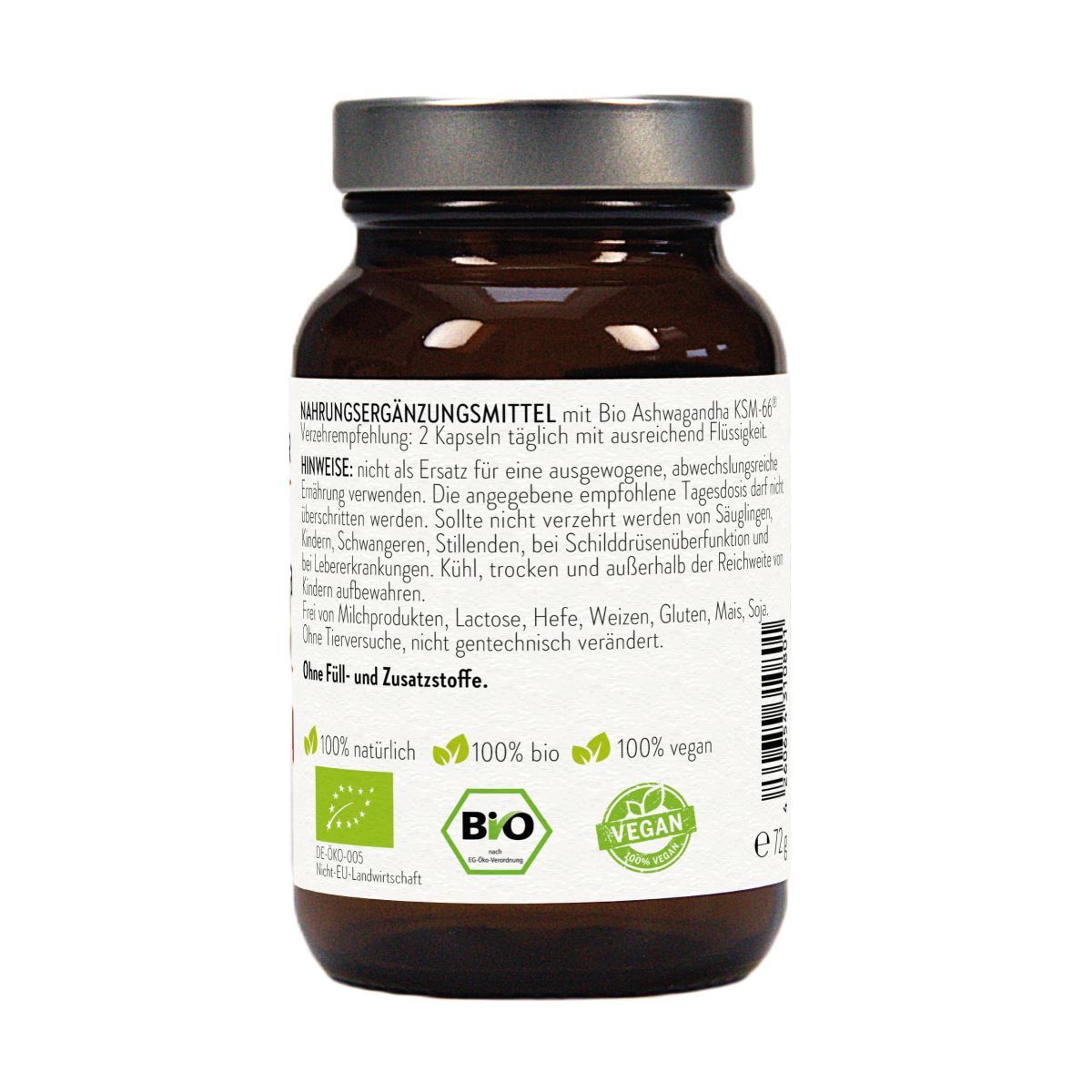 Braune Glasflasche mit Schraubverschluss. Etikett mit Text: 100% natürlich, Bio-Siegel, Vegan-Siegel. Text in deutscher Sprache.