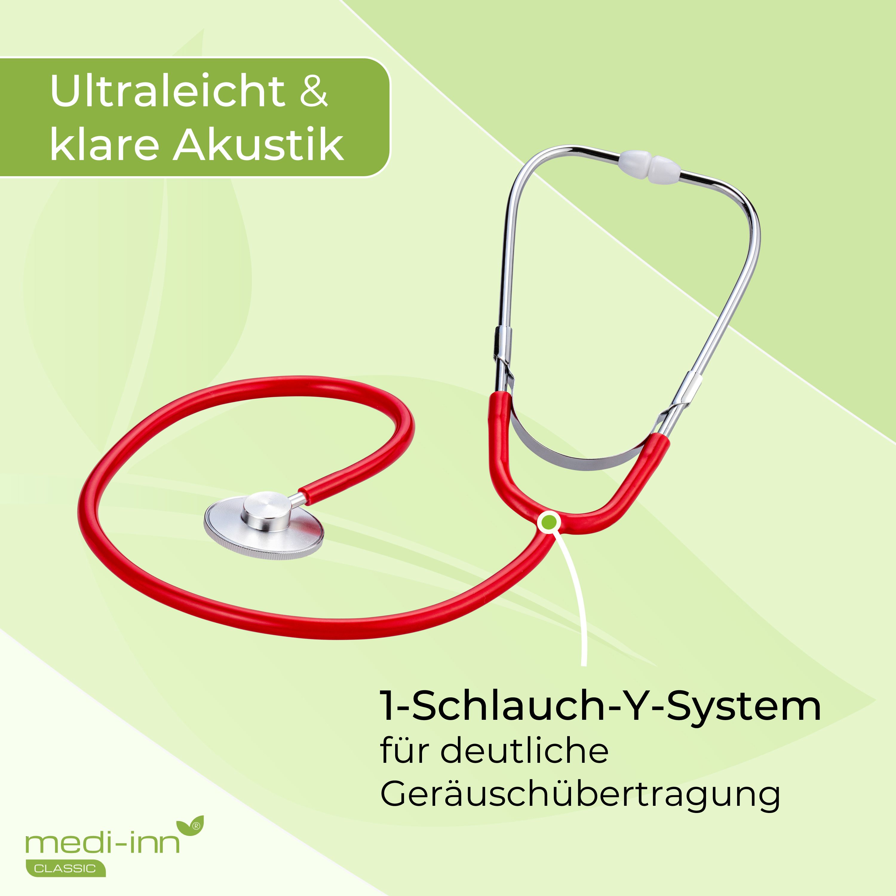 Rotes Flachkopf-Stethoskop mit silbernem Bruststück und Ohrbügeln. 1-Schlauch-Y-System.
