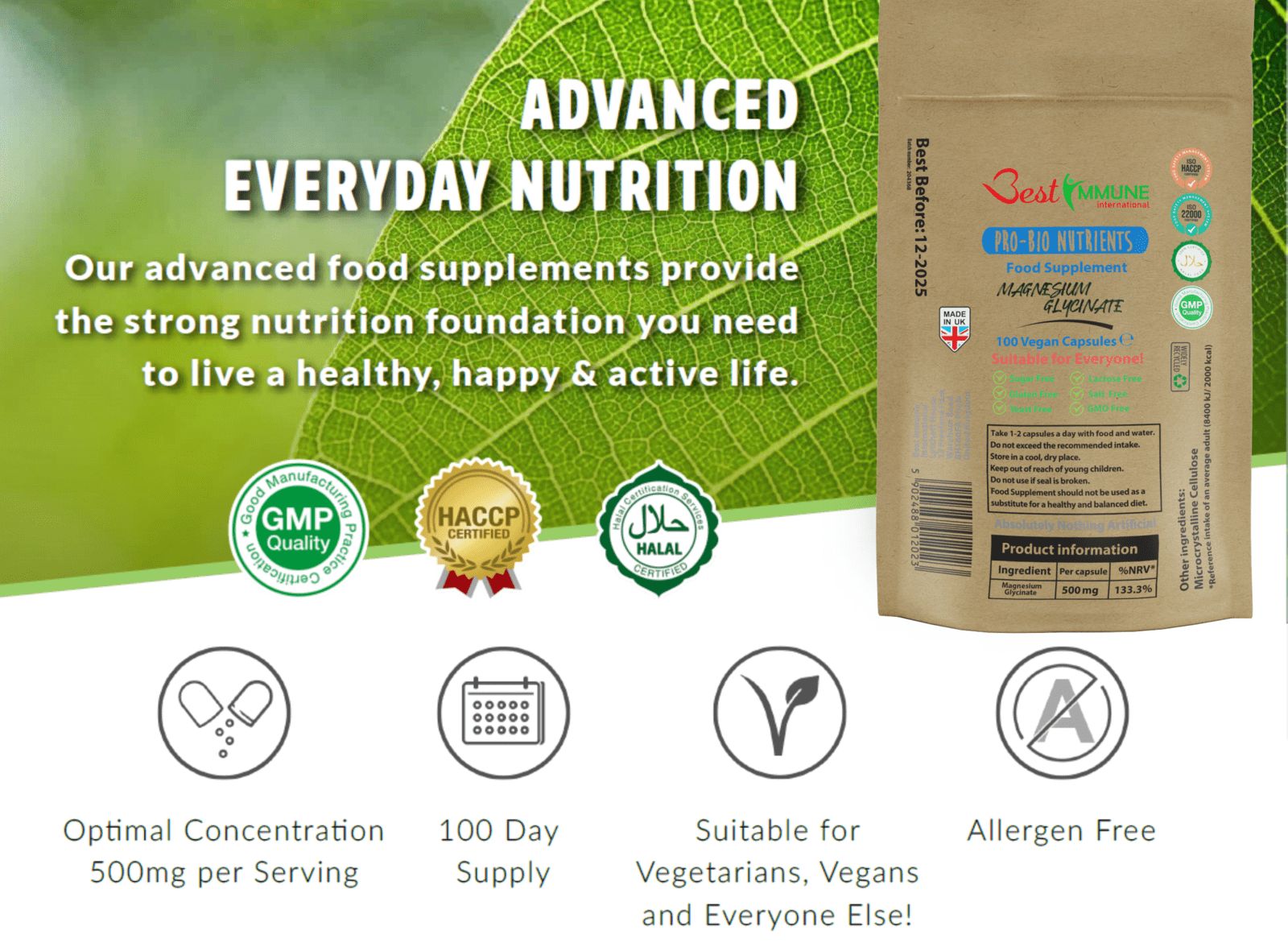 Best Immune Natürliches Magnesiumglycinat 500mg 100